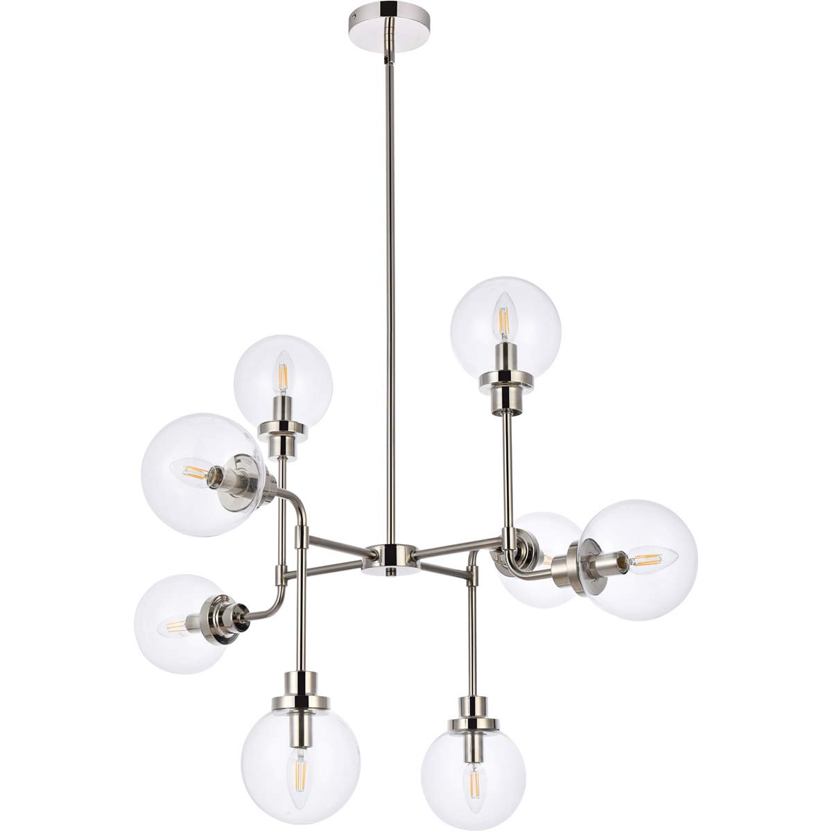 Modern 8-Light Polished Nickel Ceiling Pendant with Clear Glass Shade - Indoor Home Lighting for Dining Room, Kitchen Island & Living Room Decor