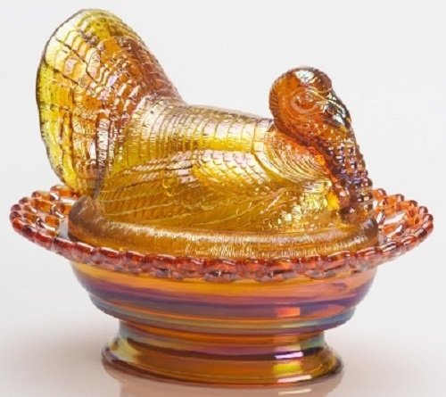 Vintage Mosser Glass Covered Turkey Jar Dish with Lacey Base - Marigold Carnival Glass Food Storage Container | Perfect for Holiday Serving, Candy Display & Kitchen Decor