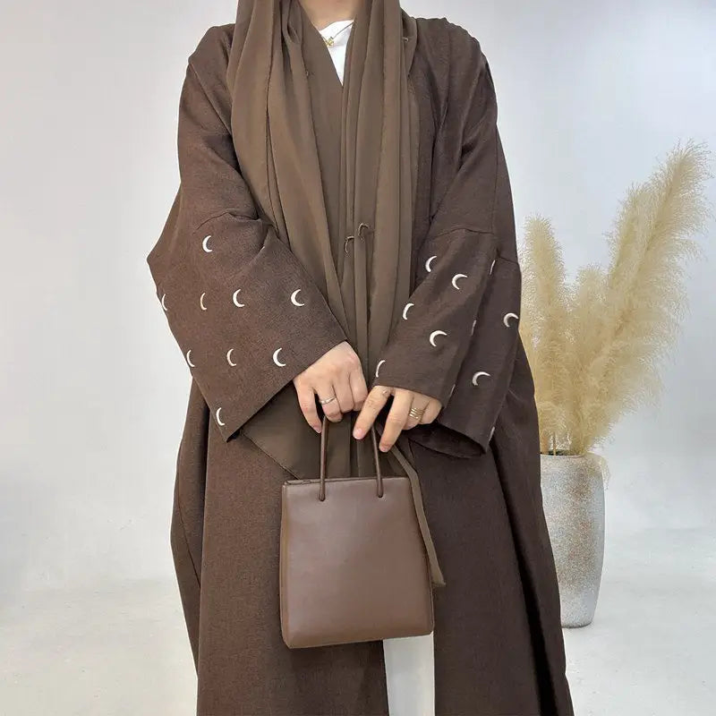 Moon Embroidery Cardigan Open Abaya Dress - Elegant Muslim Women's Outerwear for Prayer, Wedding & Special Occasions