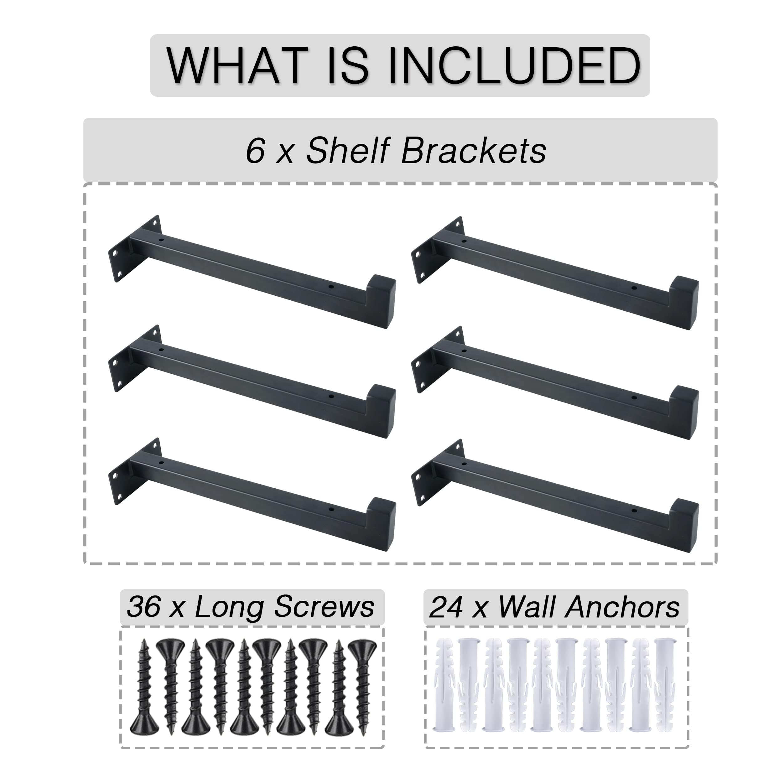 OVOV 6 Pack 12 Inch Black Floating Shelf Brackets with Lip - Heavy Duty Industrial Metal Shelving Supports for Wall Mounted Shelves - Includes Screws - Perfect for Kitchen, Bathroom, Garage & Home Storage Organization