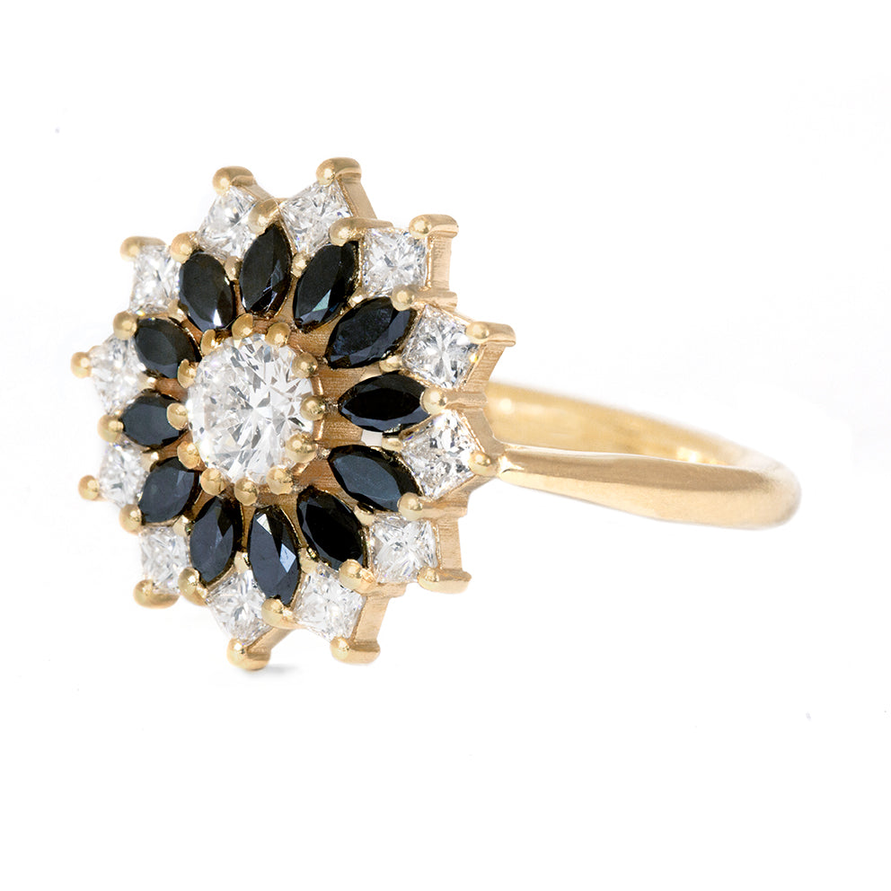 Black and White Diamond Engagement Ring - Elegant Flower Diamond Cluster Ring for Women | Perfect for Proposals, Anniversaries & Weddings