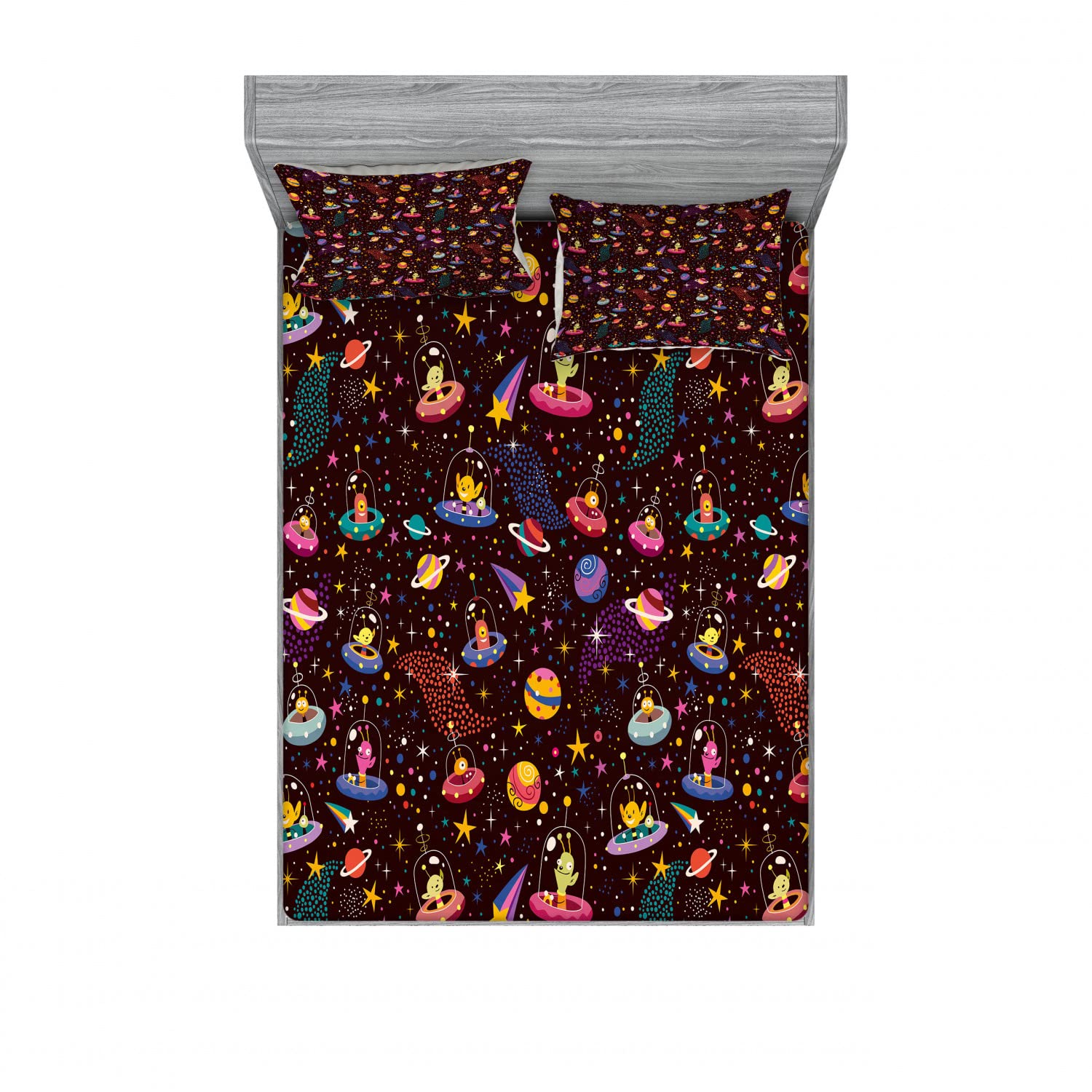 Ambesonne Space Themed 2-Pack Fitted Sheet & Pillow Sham Set - Alien Planets & UFOs Design, 4-Piece Full Size Bedding Set (2 Fitted Sheets + 4 Pillow Covers) - Vibrant Multicolor Space Decor for Kids & Adults Bedroom, Perfect for Sci-Fi Lovers & Space Enthusiasts