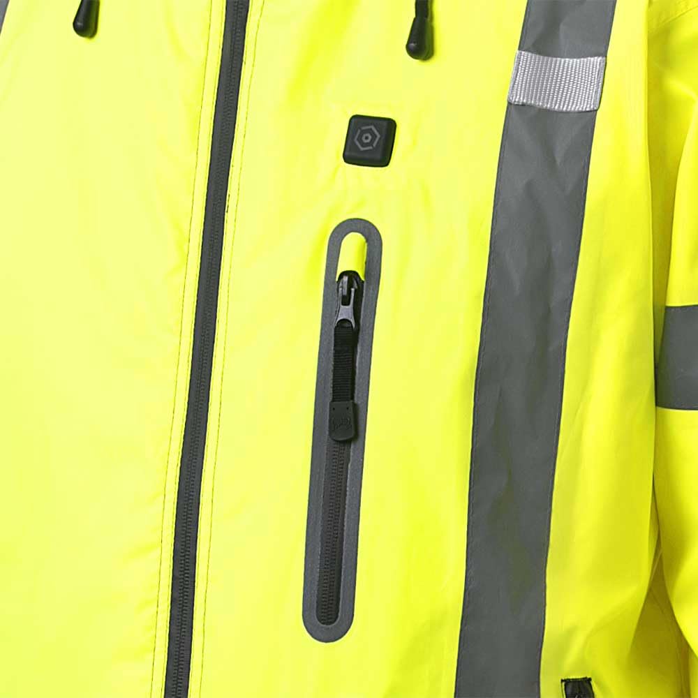 Pioneer Class 3 Hi-Vis Waterproof Heated Safety Jacket for Men - Winter Reflective Bomber Jacket with Detachable Hood - Ideal for Construction, Road Work & Outdoor Winter Activities