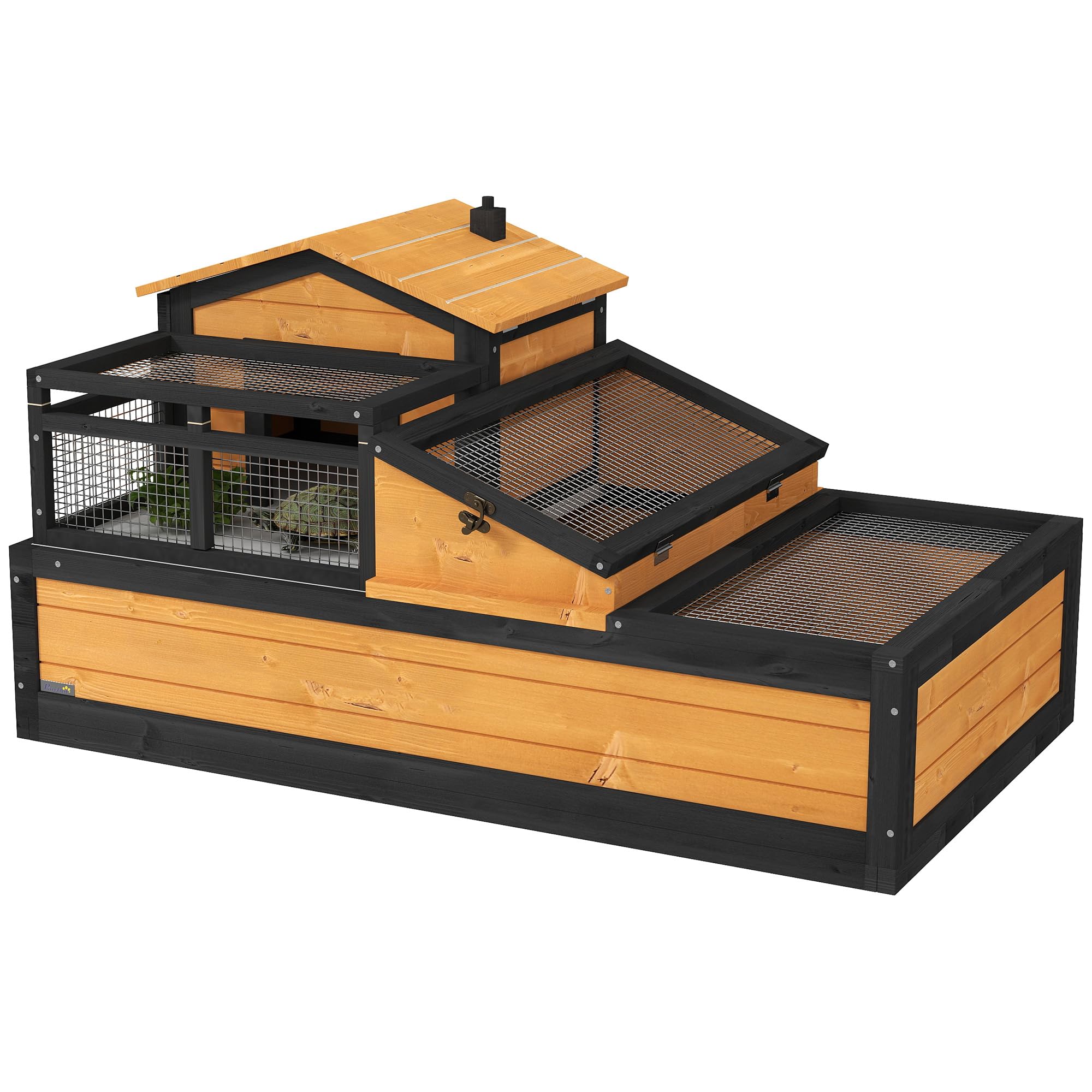 PawHut 3-Room Wooden Tortoise House Habitat with Balcony & 2 Stories - Indoor/Outdoor Reptile Enclosure with Ladder, Removable Tray & Openable Roof - Large 44