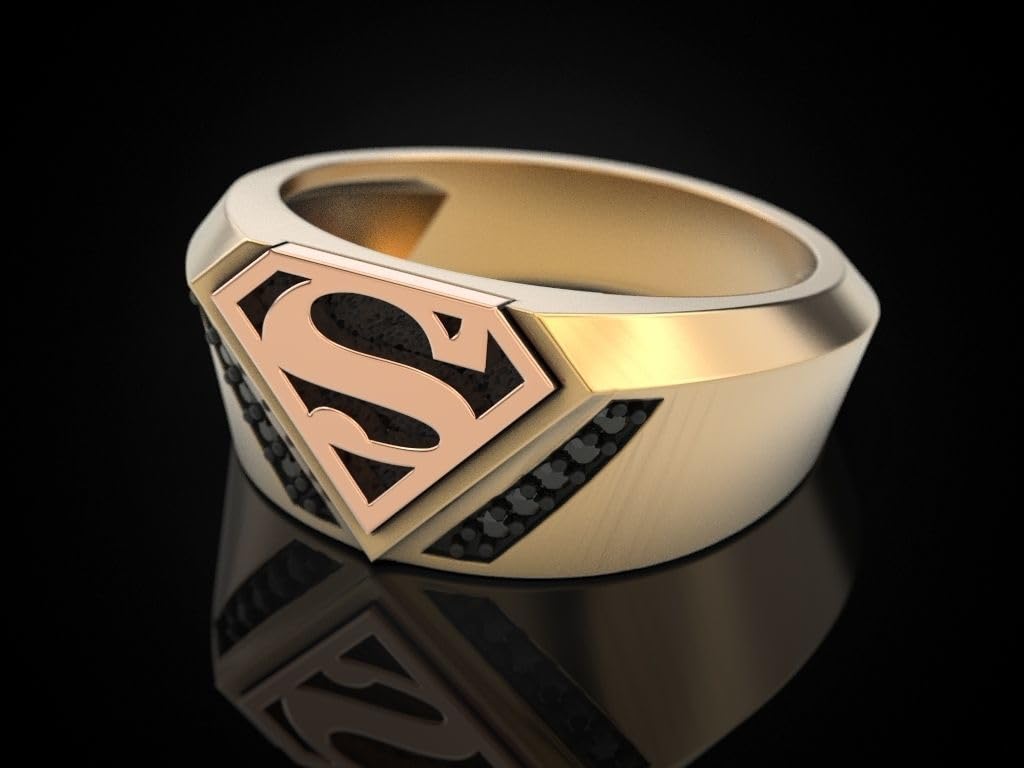 0.10 Ct Round Cut Black Diamond Men's Superhero Ring - 14K Gold Plated 925 Sterling Silver Handmade Signet Ring - Perfect Gift for Him - Ideal for Cosplay, Weddings & Special Occasions