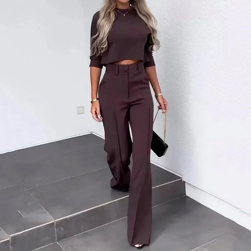 2024 New Fashion Women's Elegant High Neck Short Sleeve Top with Pocket & Micro Flare Pants Set - Casual Summer Outfits for Work, Dating and Vacation