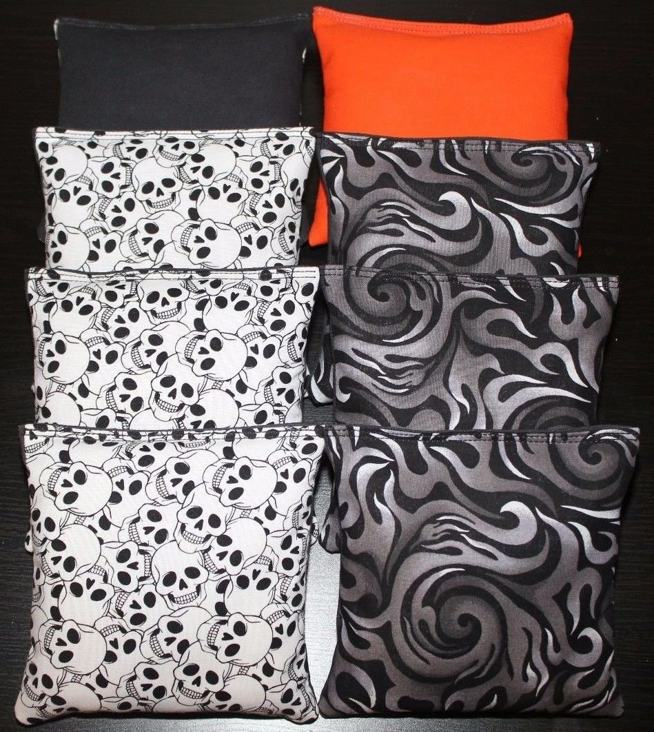 BackYardGamesUSA Flames & Skulls Cornhole Bean Bags Set - 8 ACA Regulation Size Bags in Harley Orange & Black - Perfect for Tailgating, Backyard BBQs, and Cornhole Tournaments