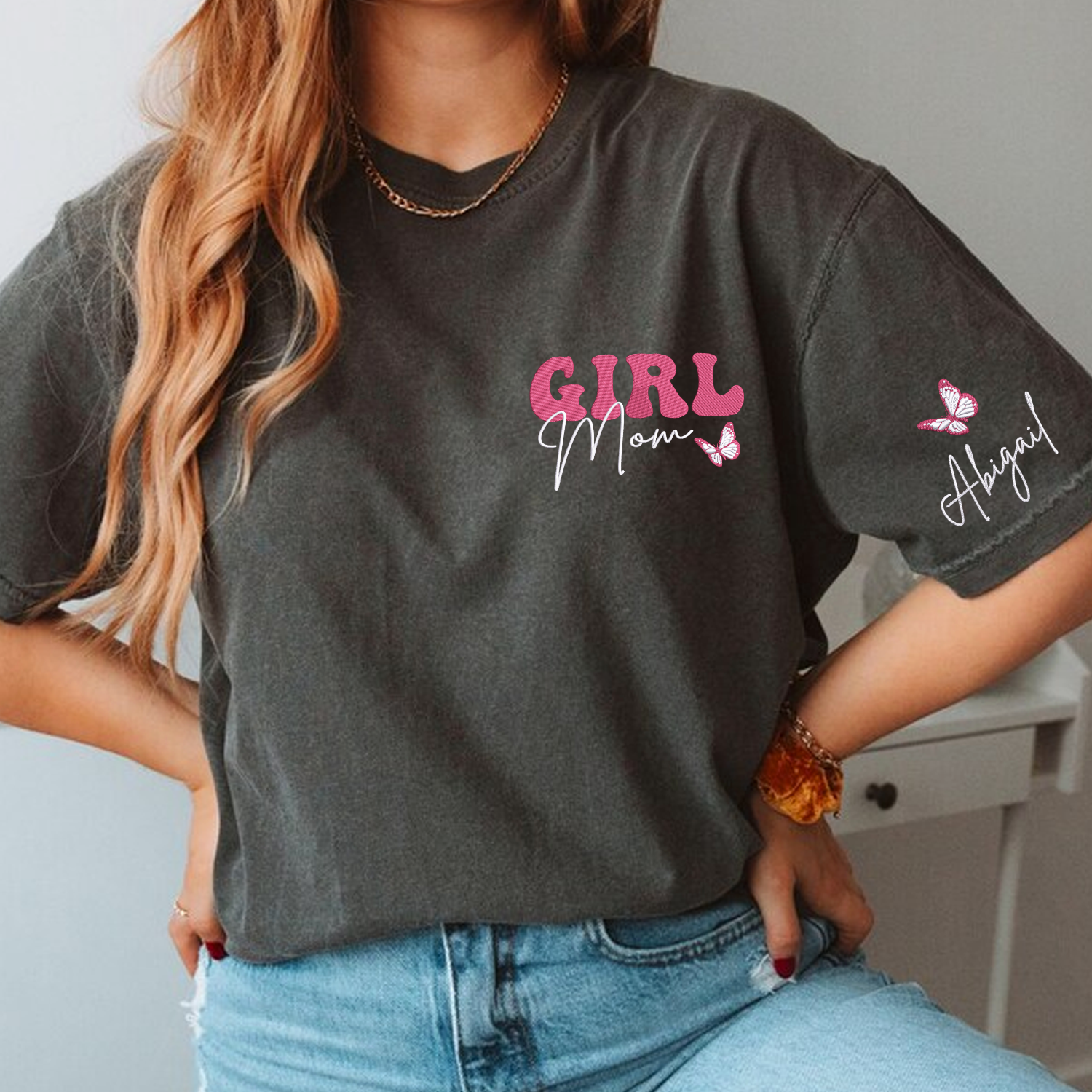 Custom Embroidered Girl Mom T-Shirt with Kids Name - Comfort Colors® Soft Cotton Tee for Mother's Day, Family Photos & Matching Outfits