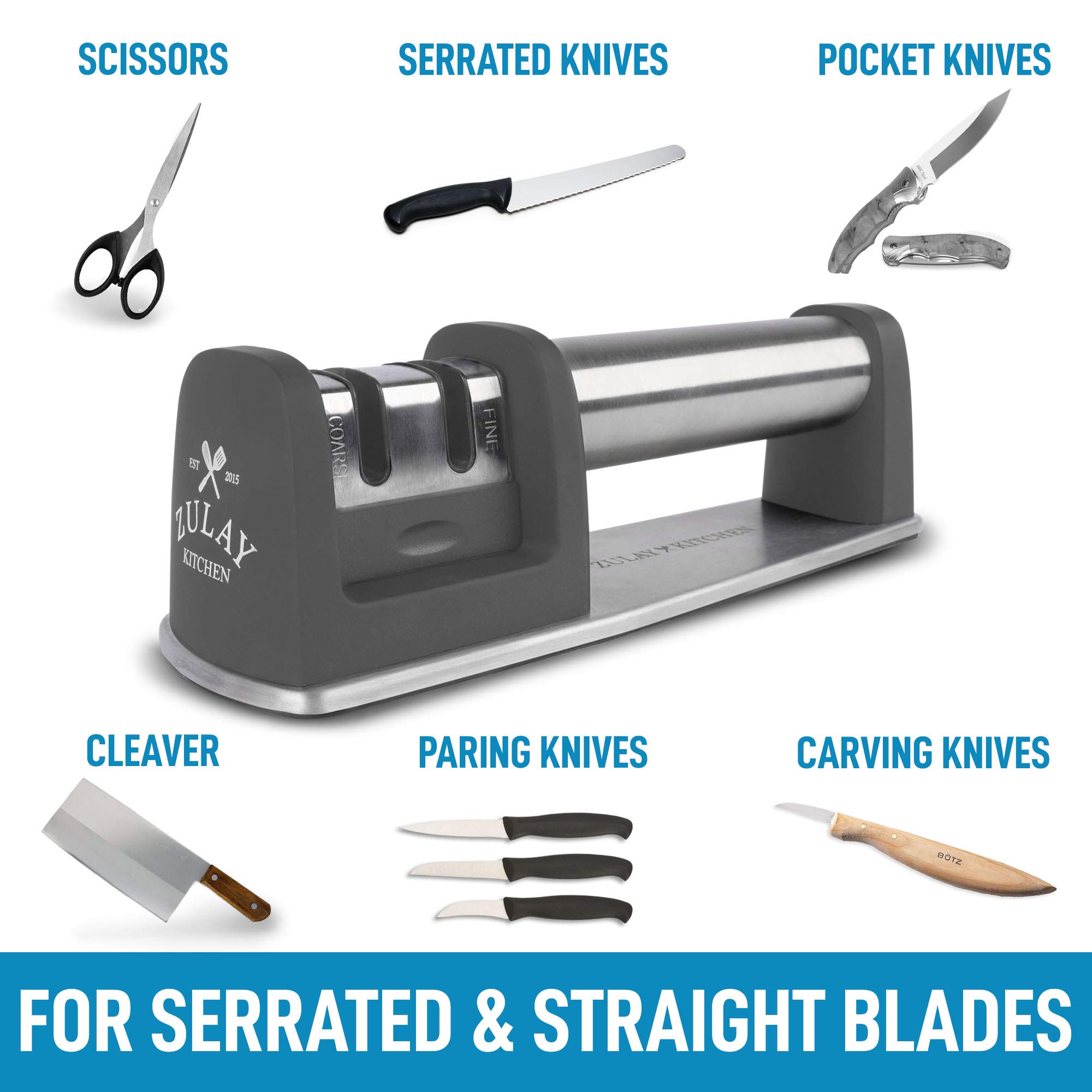 Premium Knife Sharpener for Straight & Serrated Knives - Stainless Steel, Ceramic & Tungsten Manual Sharpener - Ideal for Chef, Paring & Pocket Knives - Perfect for Kitchen, Camping & Outdoor Use - Gray
