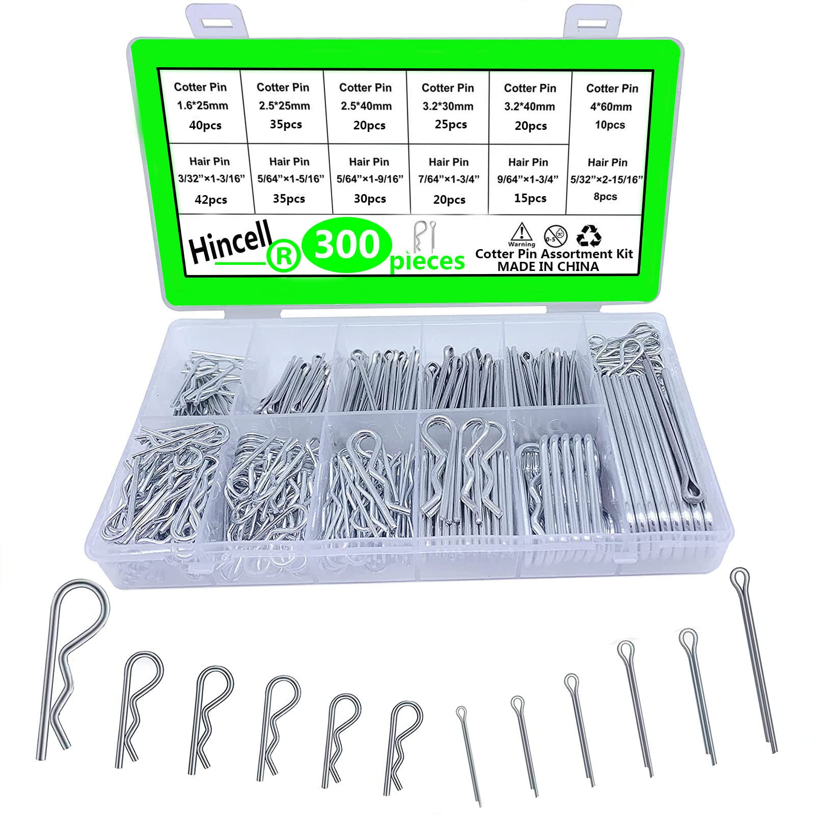 Hincell 300pcs Zinc Plated Steel Cotter Pin Assortment Kit - Hair Pin, Hitch Pin, R Clips Fastener Set for Home, Auto, and Machinery (Multiple Sizes) - Ideal for Automotive Repairs, DIY Projects, and Industrial Applications