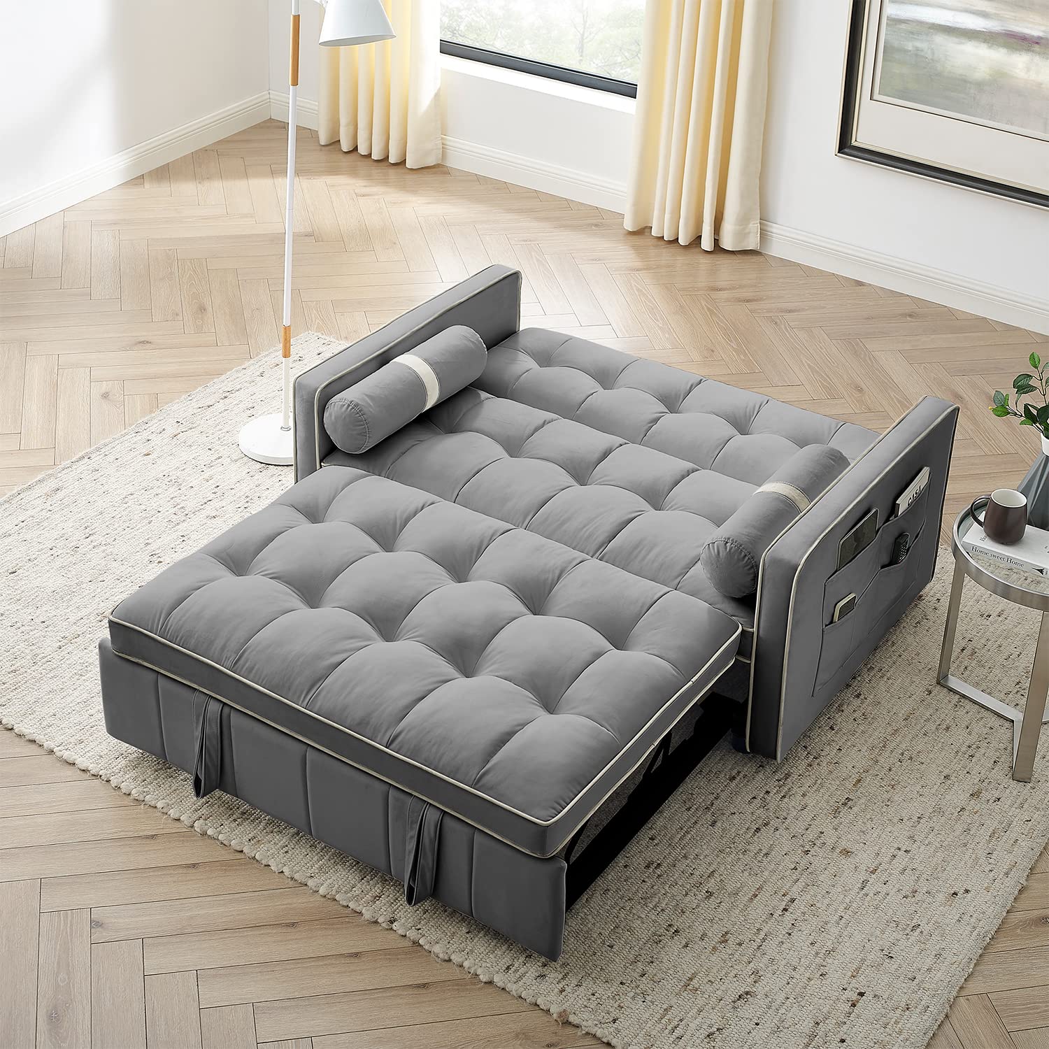 3 in 1 Convertible Sleeper Sofa Bed - Small Tufted Velvet Loveseat with Pullout Bed & Adjustable Backrest - Modern Futon Couch for Living Room, Apartment & Small Spaces - Includes Cylinder Pillows - Easy Assembly - Grey (55.5