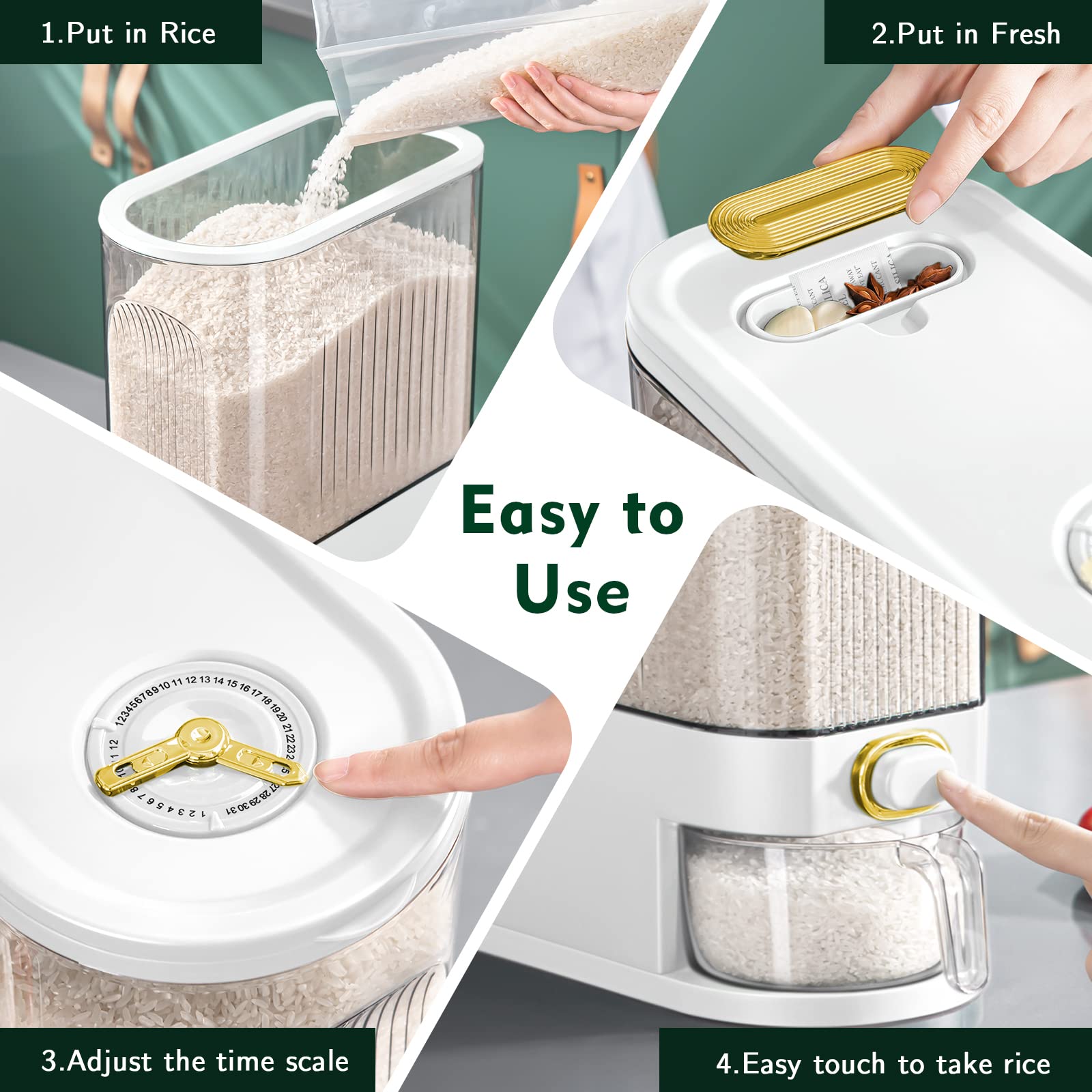 22 Lbs Rice Dispenser - Large Airtight Dry Food Storage Container with Measuring Cup & Time Markings - Perfect for Kitchen Pantry Organization - Ideal for Storing Rice, Cereal, Pasta, Flour & Bulk Dry Goods (White) - Great for Meal Prep & Bulk Food Storage
