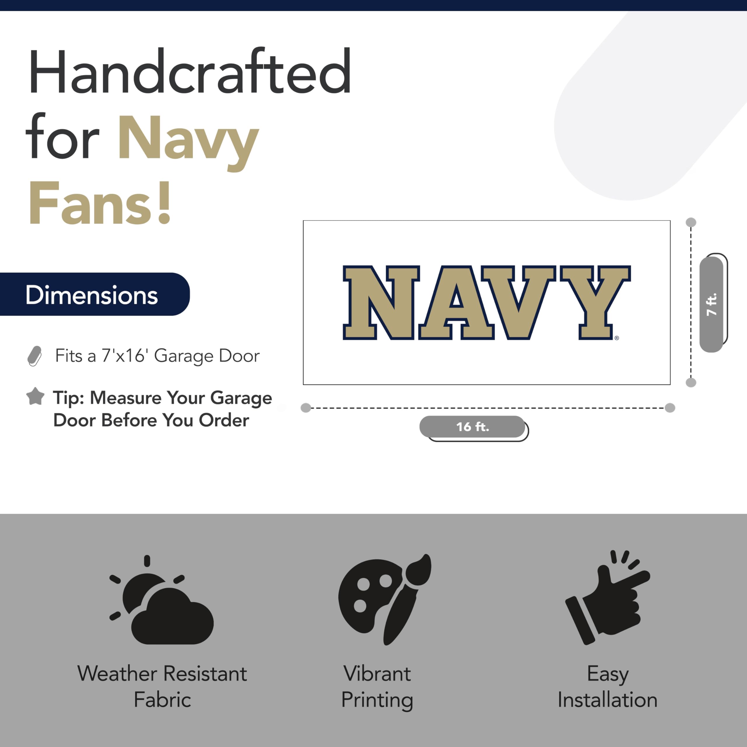Navy Midshipmen NCAA Licensed 7' x 16' College Sports Garage Door Banner - Durable Tension Polyester in Navy Blue & Gold - Perfect for Game Day Decor, Tailgating, and School Spirit Events