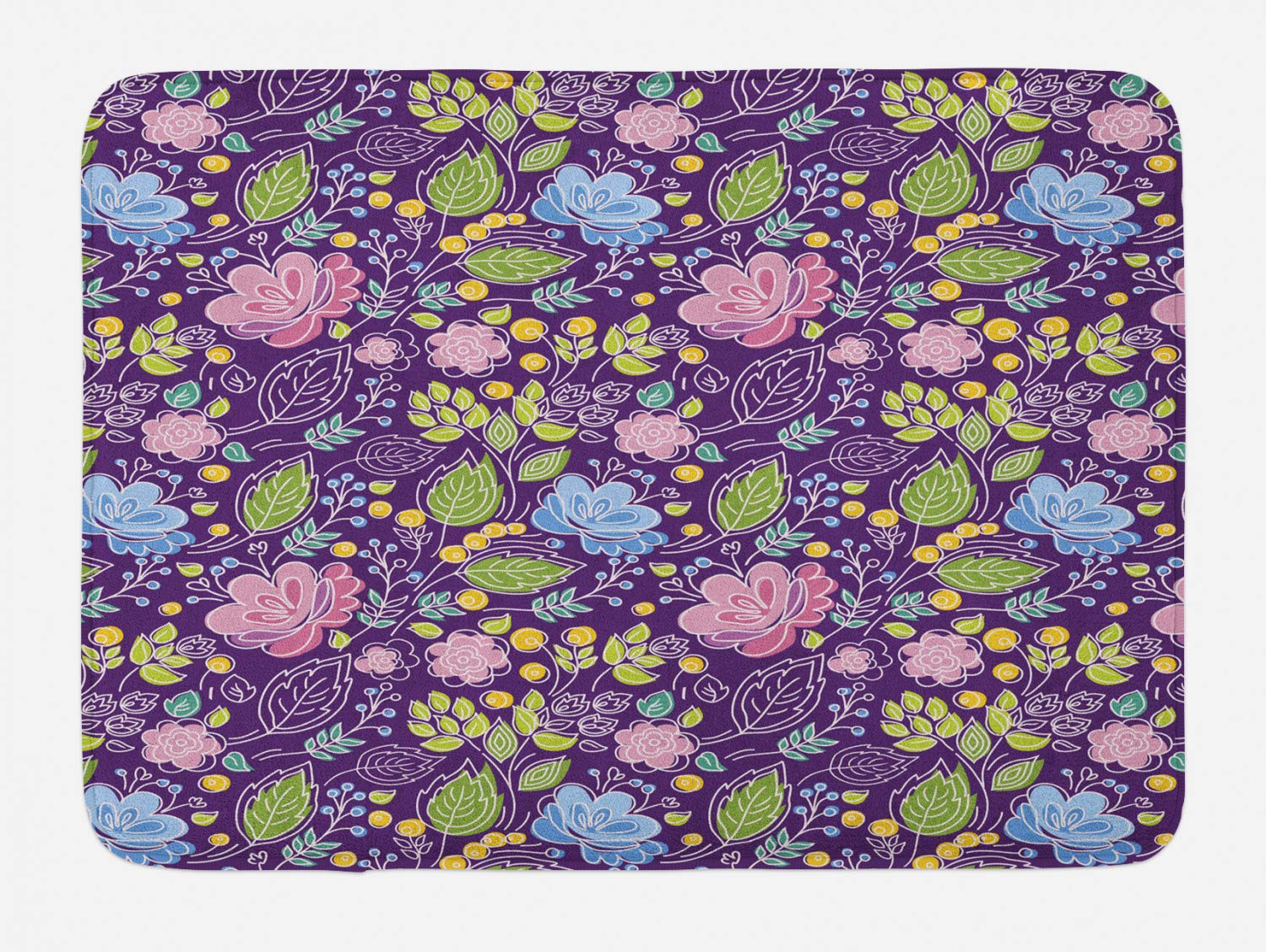 Ambesonne Floral Bath Mat - Non-Slip Plush Bathroom Rug with Botanical Flower and Leaves Design in Sea Blue & Lime Green, 30.2