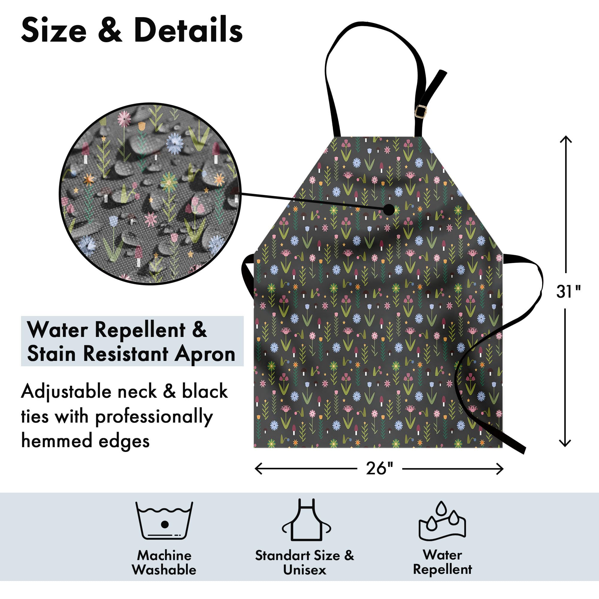 Ambesonne Floral Apron - Tulip Iris Daisy Rose Petals & Mushroom Pattern Unisex Adjustable Kitchen Apron for Cooking, Baking, Gardening - Olive Green & Rose Grey - Perfect for Home Chefs, BBQ Parties & Outdoor Activities