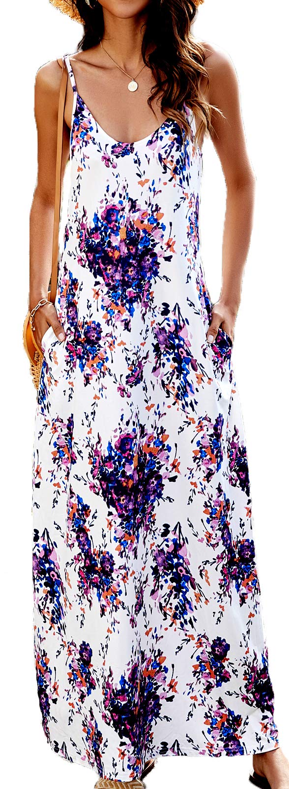 Supnier Women's Bohemian Floral Print Long Maxi Dress - Summer Casual Spaghetti Strap Sundress with Pockets | Beach Wedding, Vacation, Party Wear