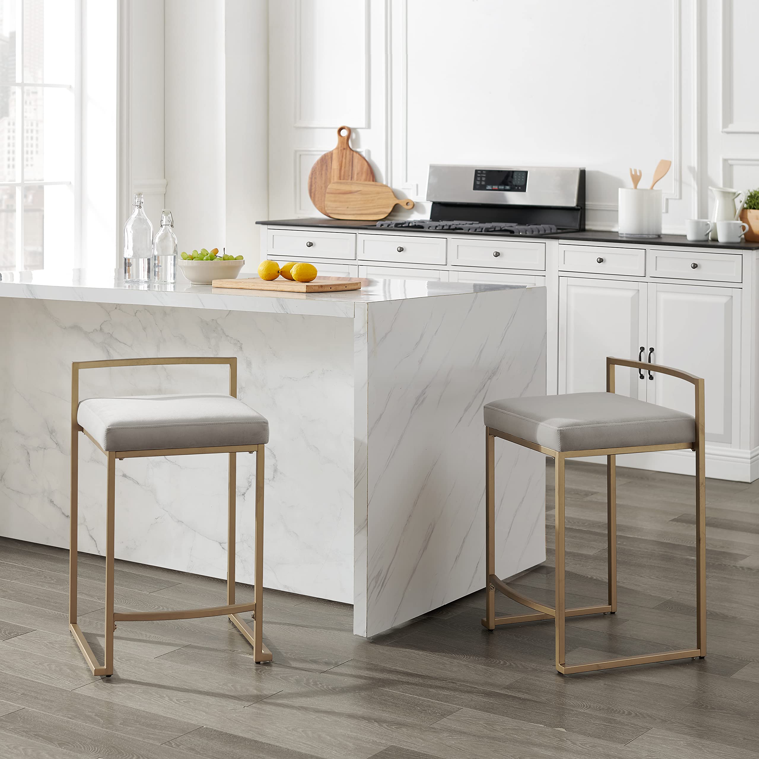 Crosley Furniture Harlowe Upholstered Counter Height Bar Stools Set of 2 - Gray and Gold Kitchen Island Stools for Dining Room, Breakfast Nook & Home Bar Decor
