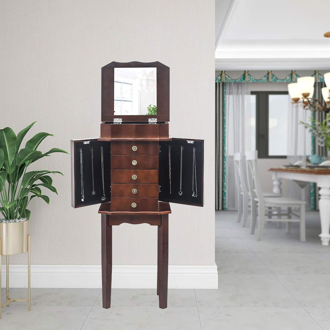 GT4-LY Standing Jewelry Armoire with Full-Length Mirror - 5 Drawers, 6 Necklace Hooks & Top Storage Organizer - Jewelry Cabinet Chest with 2 Side Swing Doors (Brown) - Perfect for Bedroom, Closet & Dressing Room Organization