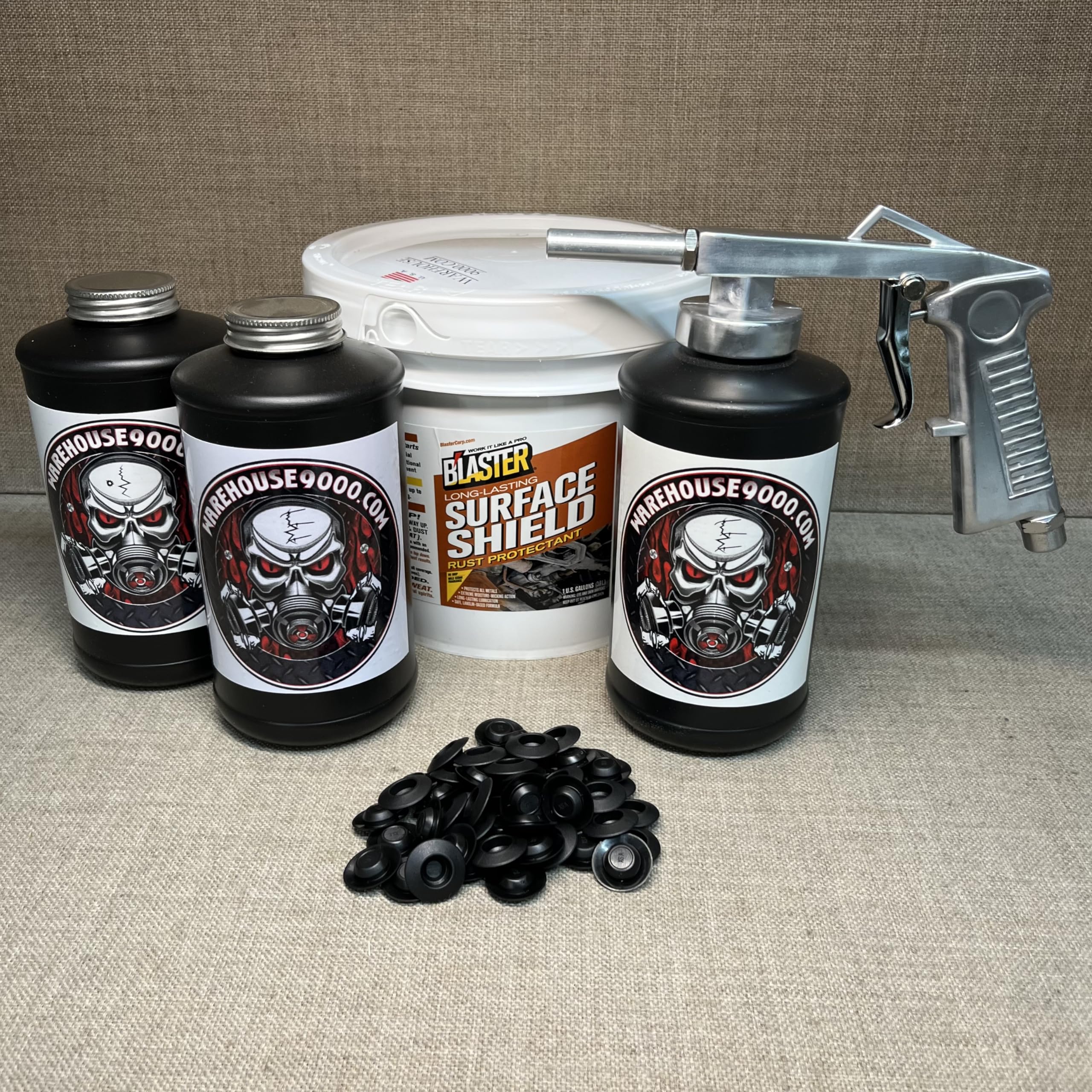 PB Blaster Surface Shield Gallon - Undercoating Spray Gun with 3 Black Quart Bottles & 50 Rust Plugs - Rust Protection for Automotive, Marine & Industrial Equipment