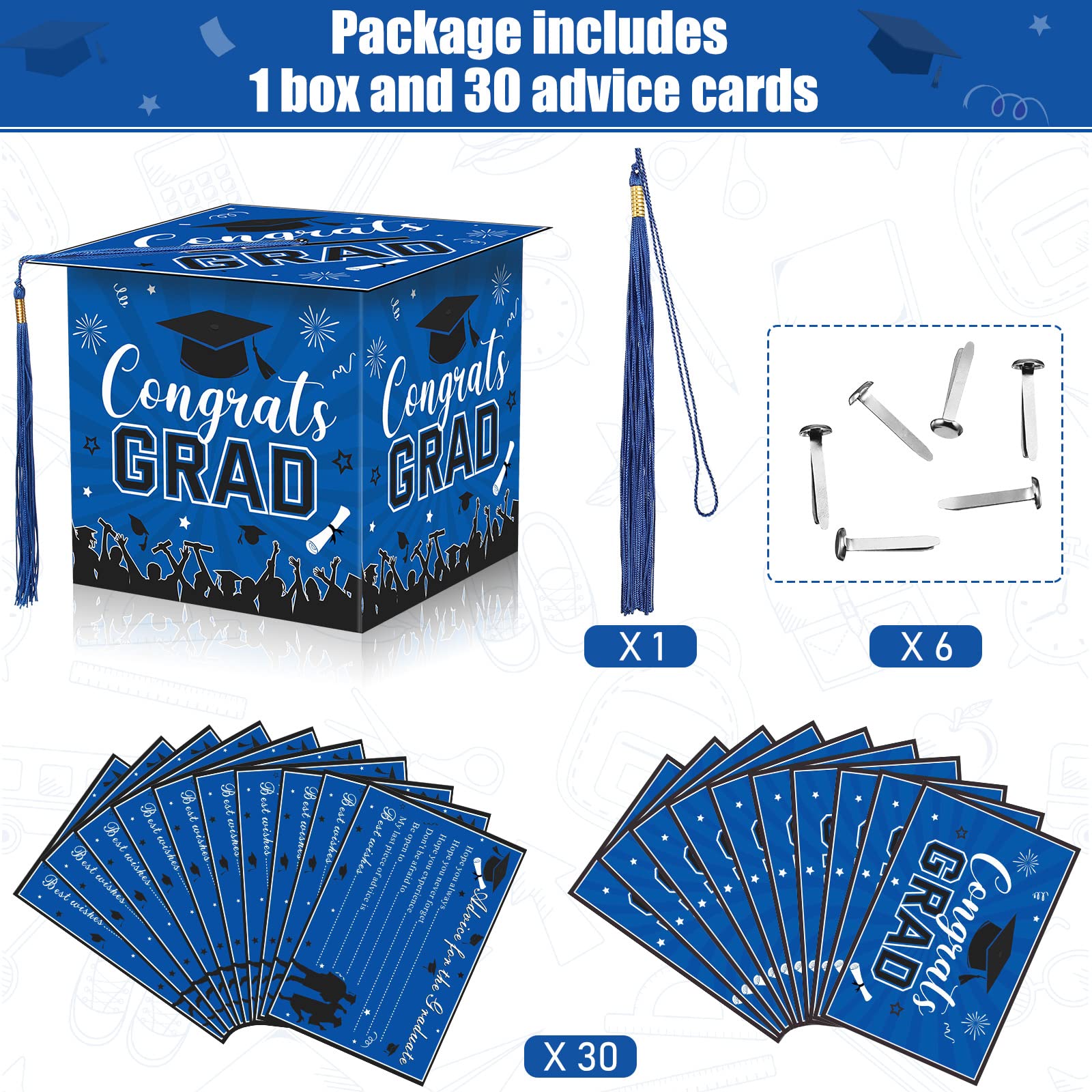 Yisong 2025 Graduation Card Box with 30 Advice Wishes Cards - Congrats Grad Cap Keepsake Box with Real Tassel - Perfect for Class of 2025 Graduation Party Decorations & Gift Giving (Blue)