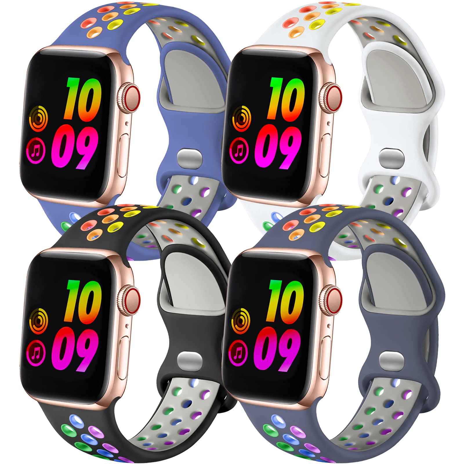Adorve Compatible with Apple Watch Bands 49mm 46mm 45mm 44mm 42mm - Breathable Silicone Sport Band for iWatch Ultra 2/SE/Series 10/9/8/7/6/5/4/3/2/1 - Men & Women - Black/White/Blue Gray/Blue Rainbow - Perfect for Running, Gym & Daily Wear