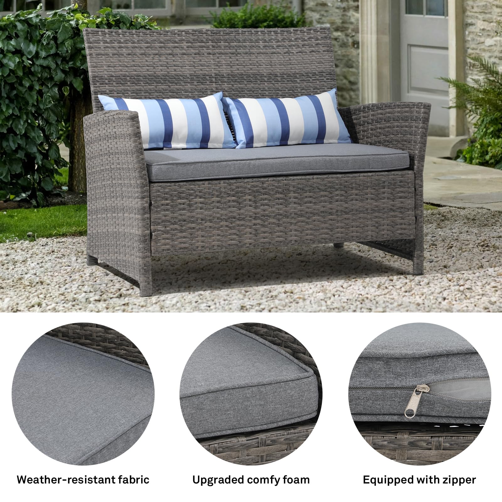 **SUNSITT Outdoor Wicker Loveseat with Cushions – 2-Seater PE Rattan Sofa with Lumbar Pillows, Grey Wicker & Grey Cushions – Durable Steel Frame – Perfect for Patio, Backyard, Garden, Poolside & Porch Relaxation**