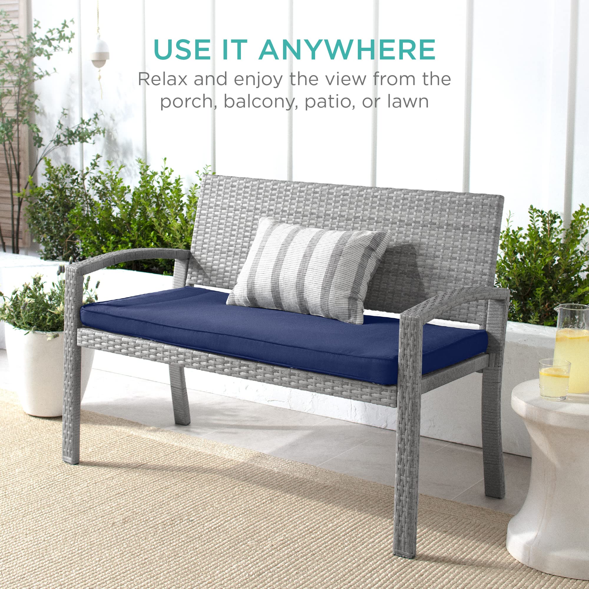 Best Choice Products 2-Person Outdoor Wicker Bench with Cushion - 700lb Capacity, Gray/Navy - Patio Furniture for Garden, Backyard, Porch & Deck Seating - Perfect for Relaxing, Entertaining & Outdoor Gatherings