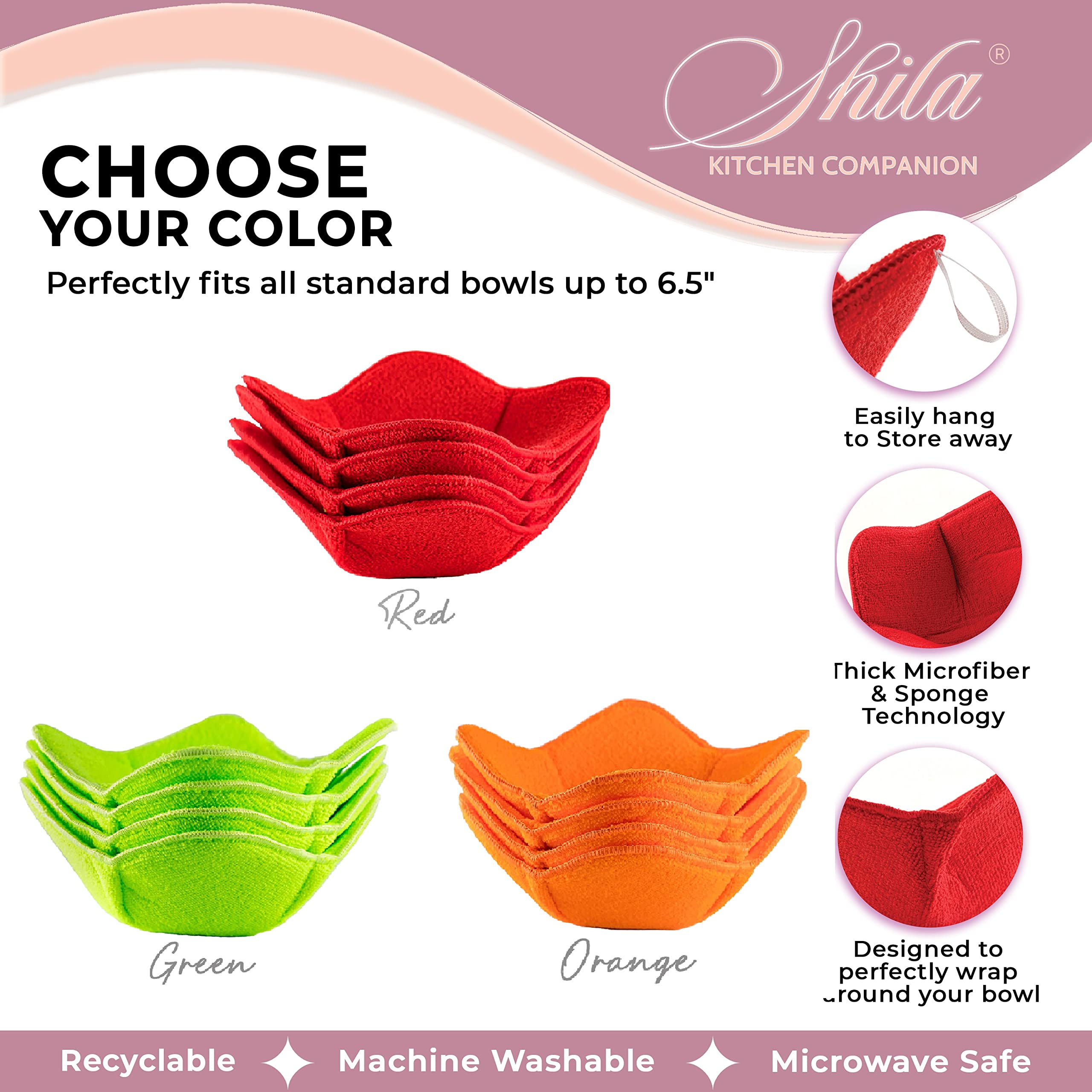 SHILA Microwave-Safe Bowl Cozy Set - Green Heat Resistant Hot Bowl Holder (Polyester & Sponge) for Soup, Rice & Pasta - Keep Hands Cool & Food Warm - Perfect for Kitchen, Dining & Microwave Use