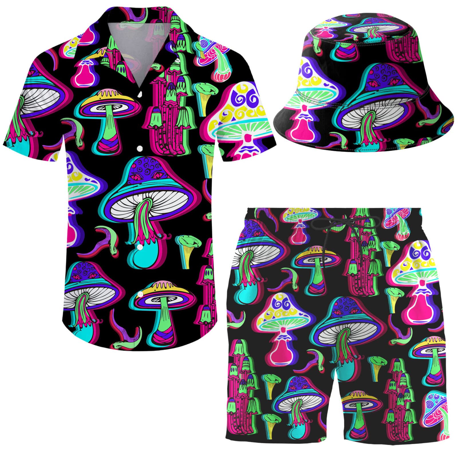 **Men's Hawaiian Print 2-Piece Tracksuit Set - Button Down Shirt & Matching Shorts with Free Bucket Hat | Beach Vacation, Summer Outfit, Casual Streetwear**