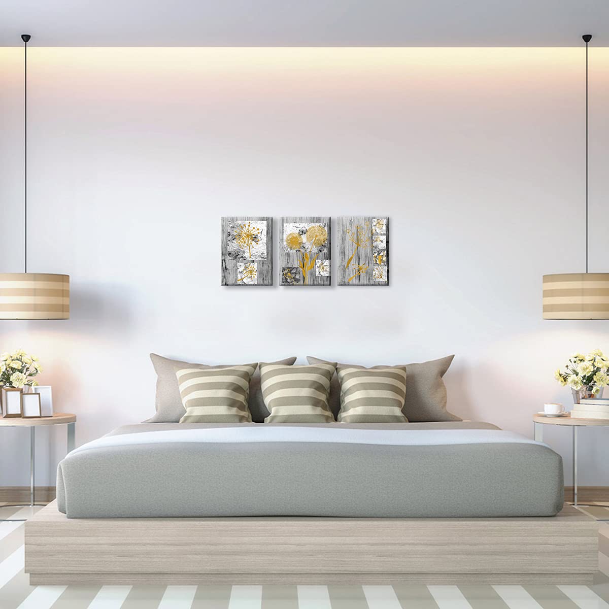 Kalormore Abstract Yellow Flowers Canvas Wall Art - Dandelion Painting Giclee Prints with Rustic Grey Background - Floral Home Decor for Living Room, Bedroom & Office