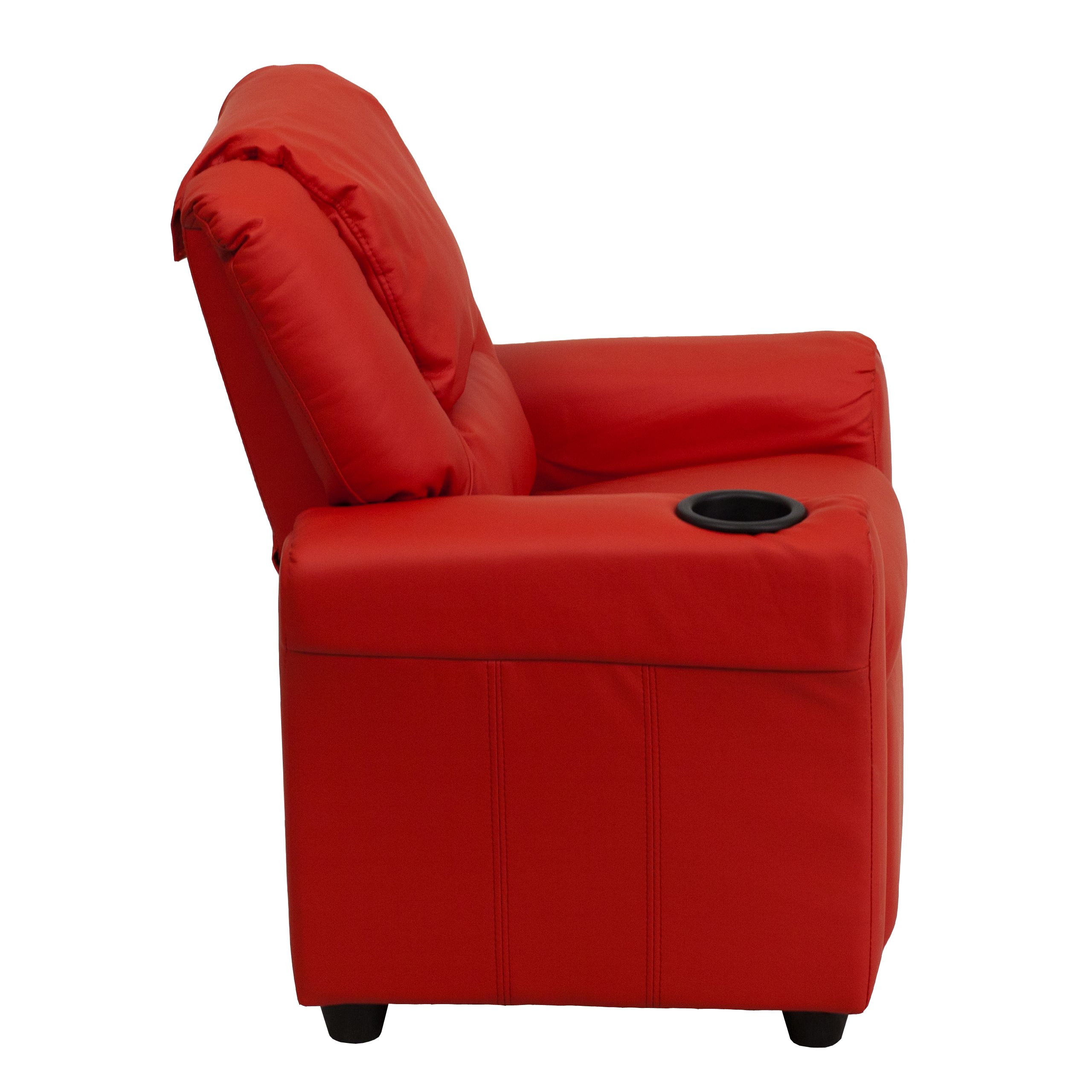 Comfy Red Vinyl Kids Recliner Chair with Cup Holder & Headrest - Perfect for Playrooms, Bedrooms & Movie Nights