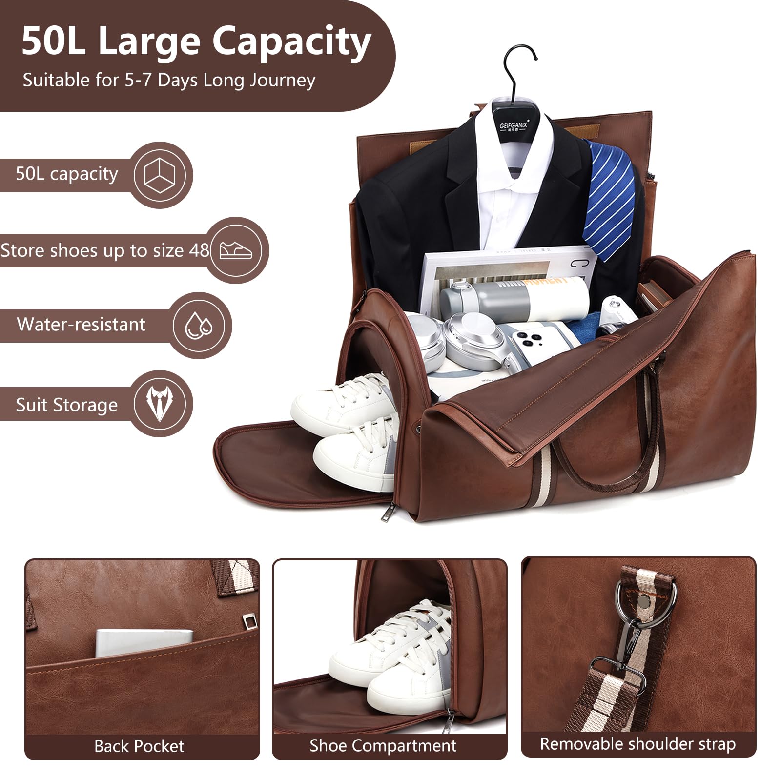 Premium Leather Garment Bag for Travel - Convertible Carry-On Duffel Bag for Men, Waterproof & Foldable 2-in-1 Suitcase with Shoulder Strap & Shoe Compartment | Perfect for Business Trips, Weekend Getaways & Airplane Carry-On Luggage