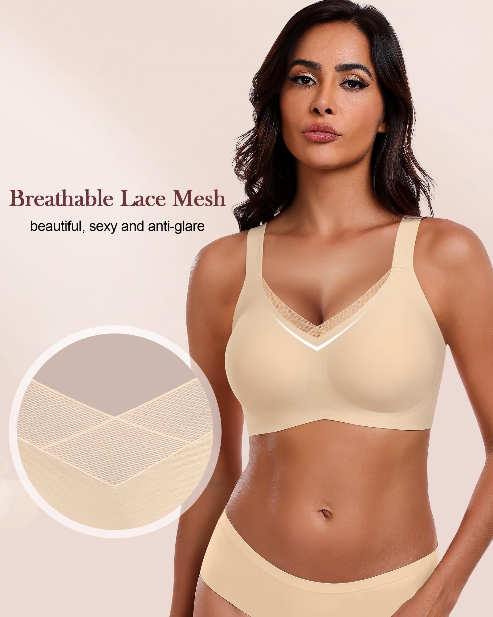 HORISUN Seamless Mesh Lace Bras for Women - Wireless No Underwire Support Bras with Lift, Full Coverage Deep V Bralette - Perfect for Yoga, Workout & Everyday Wear