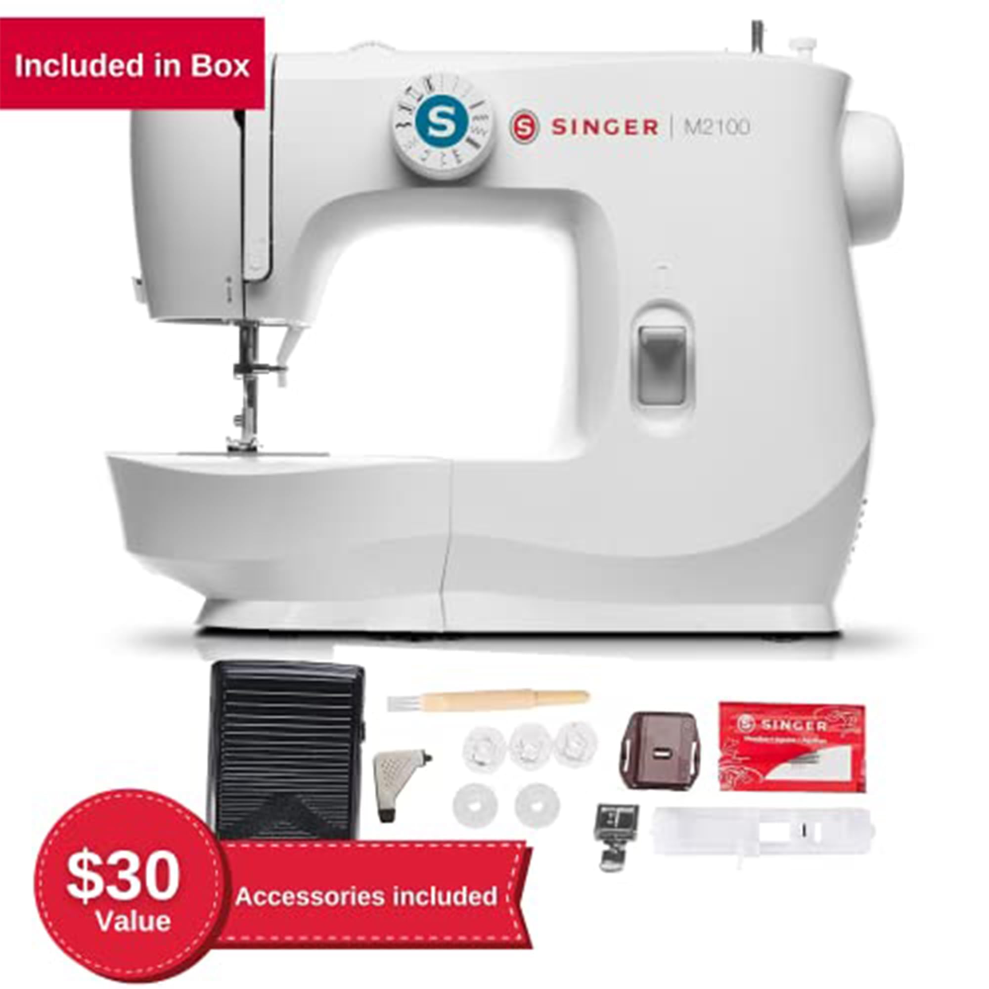 SINGER M2100 Lightweight & Compact Sewing Machine with 63 Built-in Stitches, LED Light & 4-Step Buttonhole - Perfect for Beginners, Quilting, Dressmaking & Home DIY Projects