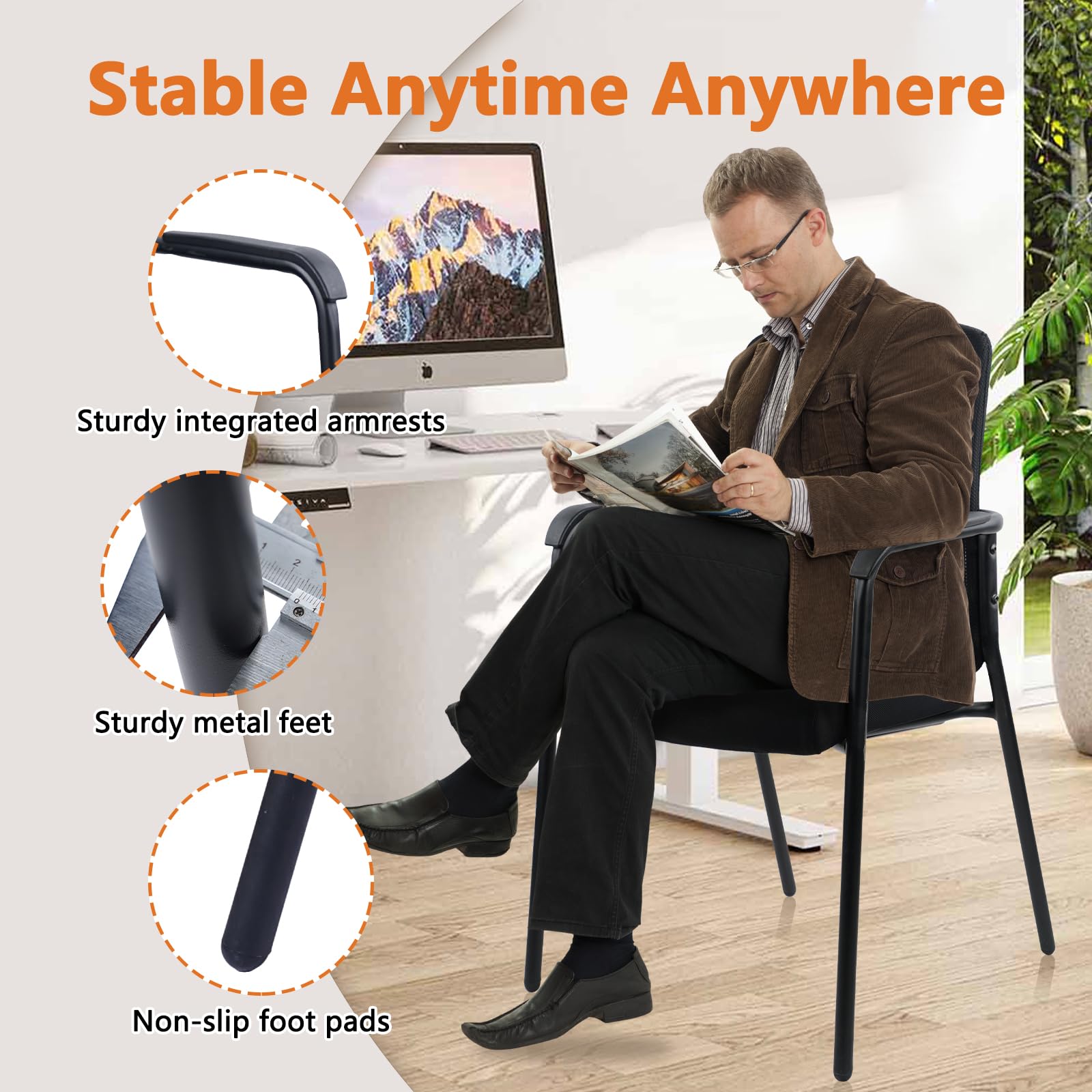 CLATINA Stackable Office Chairs with Arms - 4 Pack Double Mesh Waiting Room Chairs with Thickened Cushion, High Back Guest Chairs for Reception, Lobby, School, Banquet & Conference Rooms - Black Ergonomic Seating Solution