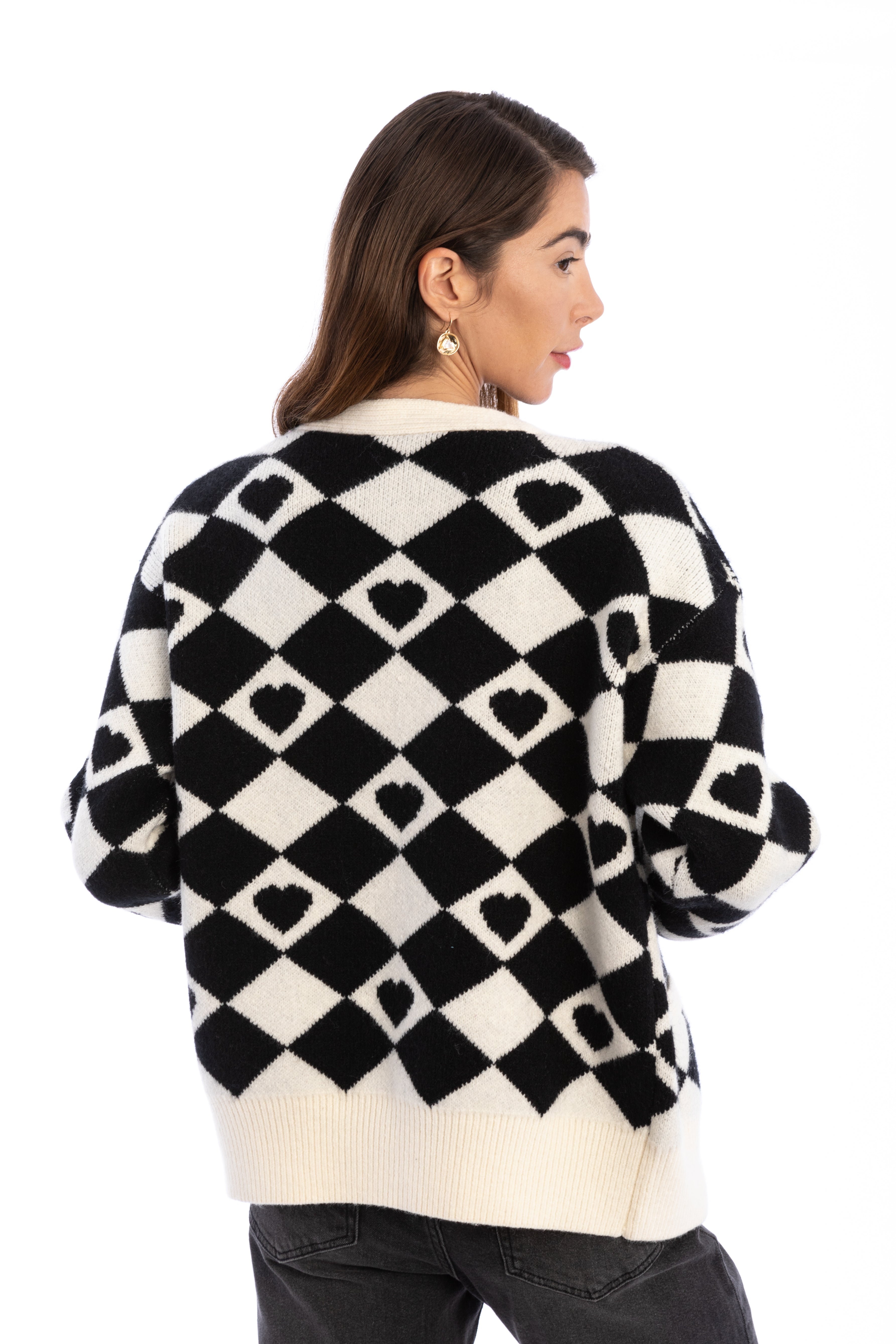 Checkered Hearts Cardigan for Women - Cozy Knit Sweater with Heart Pattern - Perfect for Valentine's Day, Date Night & Casual Outfits