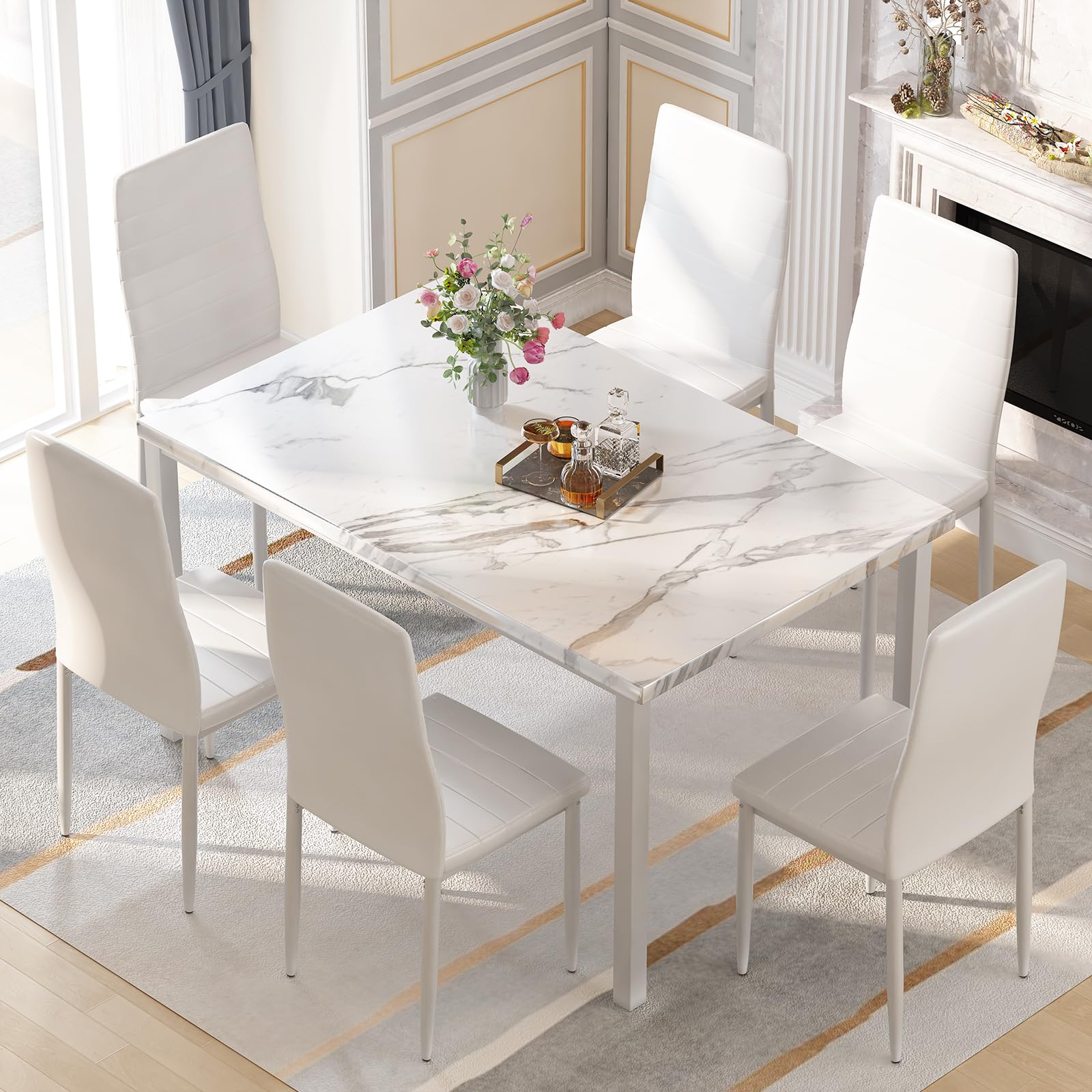 Recaceik 7-Piece White Faux Marble Dining Table Set for 6 - Modern Kitchen Table & Chairs Set for Small Spaces, Breakfast Nook, Dining Room - Perfect for Family Meals, Dinner Parties & Cozy Gatherings