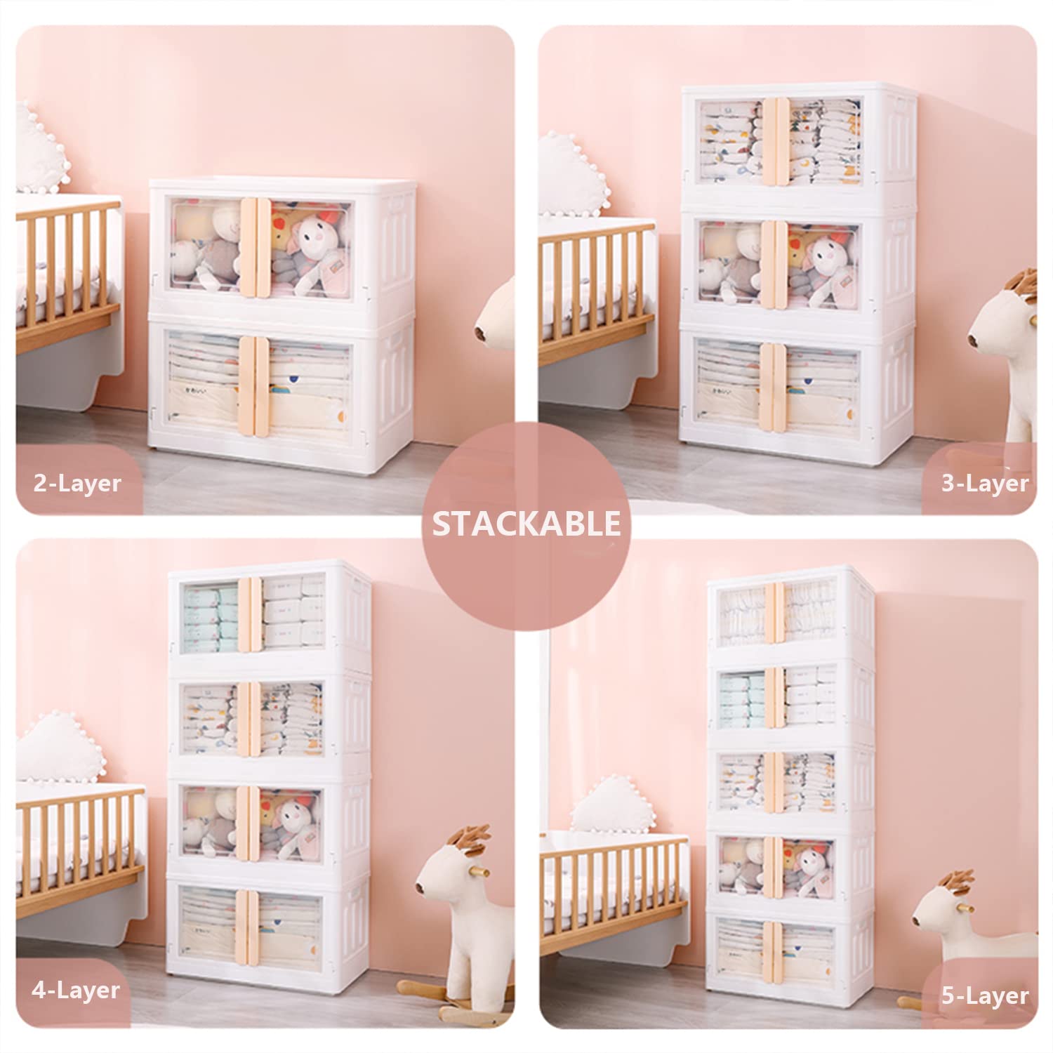 HANAMYA 32L Folding Stackable Storage Container with Doors & Handles - Space Saving Organizer for Closet, Garage, Office - Set of 2 White & Cream Totes - Perfect for Home Organization & Seasonal Storage