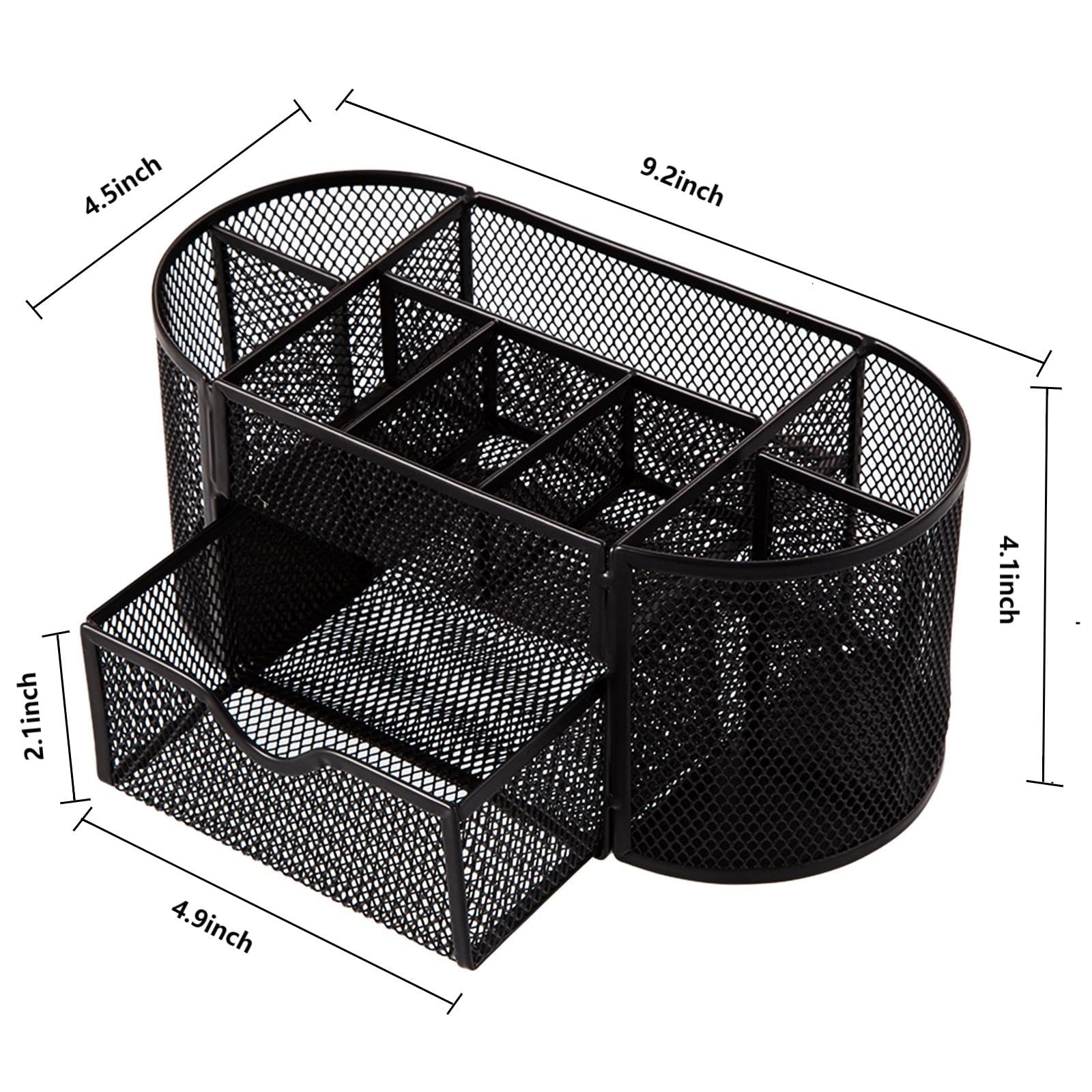 Comix Mesh Pen Pencil Holder Desk Organizer - 8 Compartment & 1 Drawer Wire Desktop Organizer for Office Supplies, Home, School - Black | Perfect for Organizing Pens, Pencils, Markers & Stationery on Your Desk or Workspace