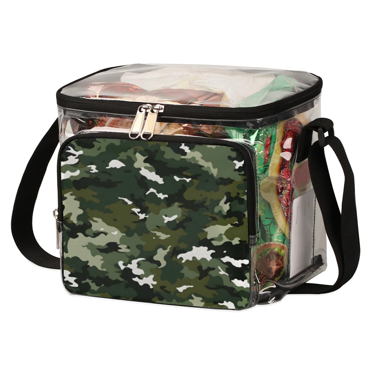 GzLeyigou Camouflage Print Clear Tote Bag with Handles - Fashion Camo Green Transparent Crossbody Shoulder Bag for Lunch, Outdoor, Travel, Picnic, Concerts & Sports Events (Stadium Approved) - Perfect for School, Beach, Shopping & Festival Use