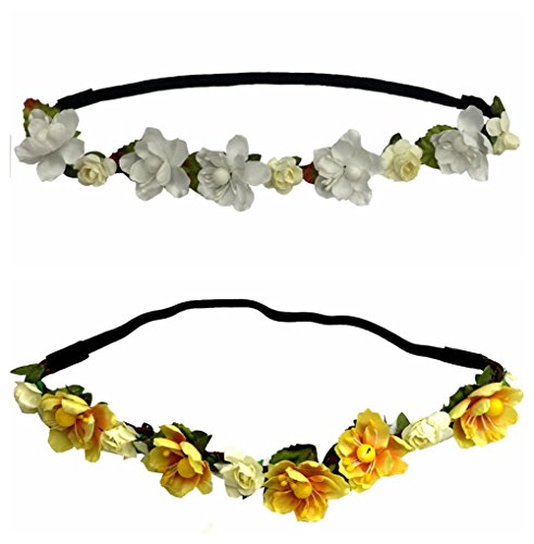 2 PCS Floral Woven Hair Bands - Bohemian Flower Crown Headbands for Women, Beach Party, Music Festival, Wedding, Photo Shoot (White + Mango)