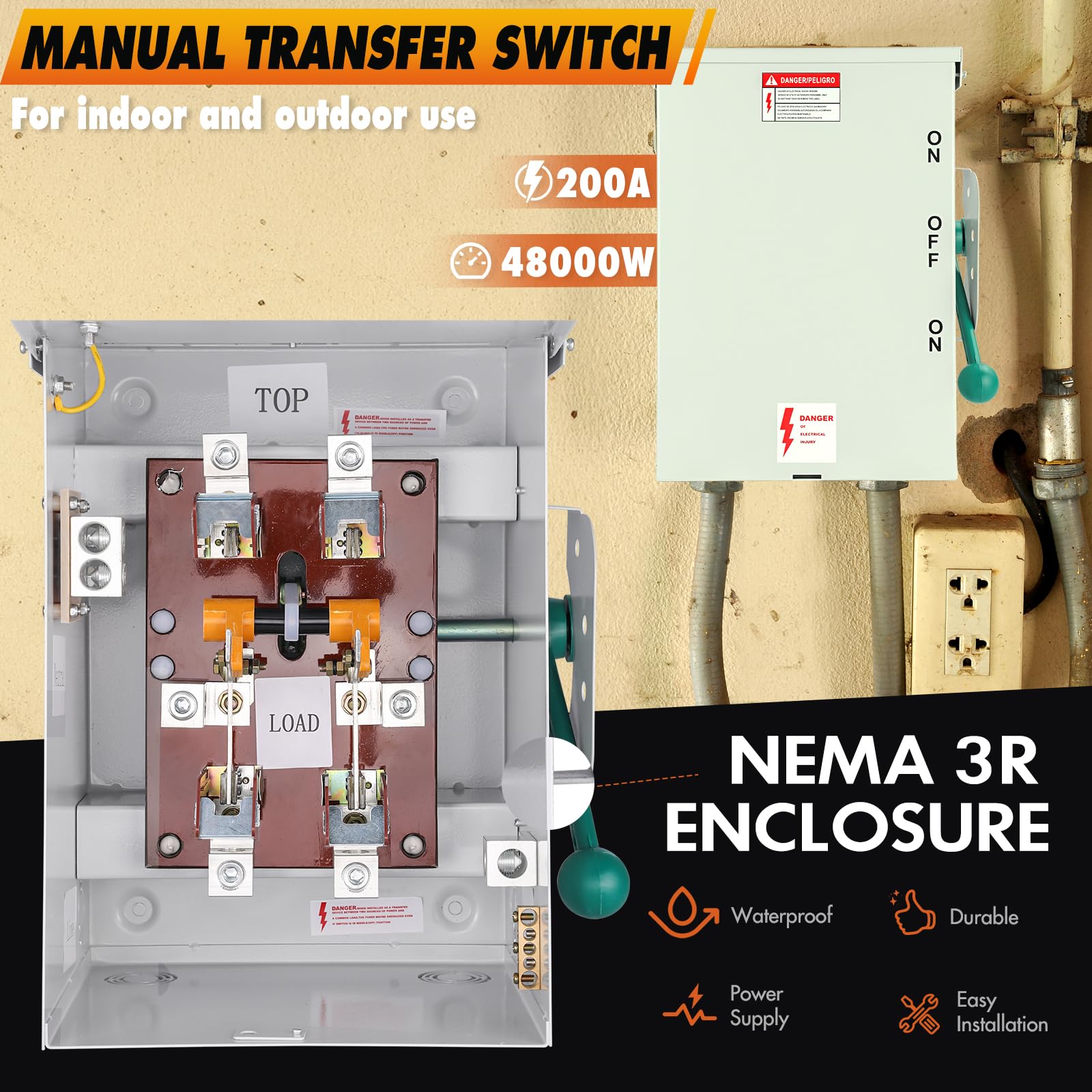 200 Amp Generator Transfer Switch, 48000W 120/240V Heavy Duty Manual Double-Throw Safety Switch - NEMA 3R Rated for Outdoor & Indoor Use - Perfect for Home Backup Power & Emergency Power Transfer