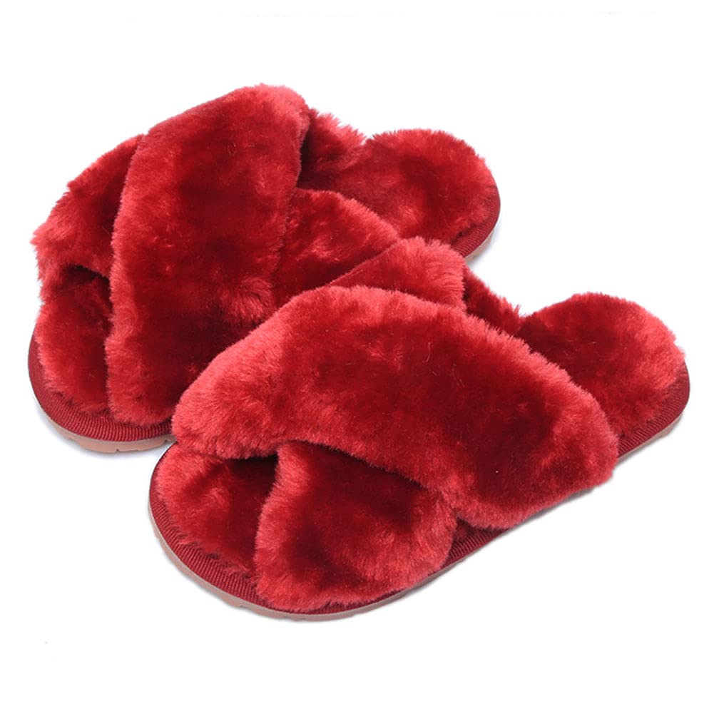 Fadezar Girls Fluffy Slippers for Kids - Cute Fuzzy Open Toe House Shoes with Warm Fur & Cross Band - Soft Plush Indoor Slides for Toddlers & Children | Perfect for Winter, Home, Lounge & Playtime