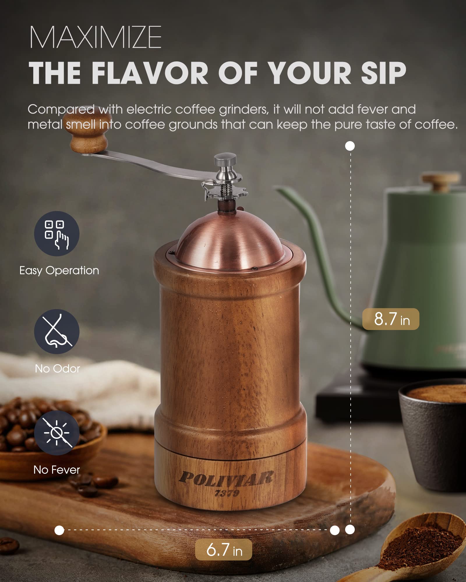 Premium Manual Coffee Grinder - Adjustable Ceramic Burr, Vintage Wooden Hand Mill for Fresh Ground Coffee - Large Capacity with Brush & Spoon - Perfect for Home, Camping & Travel (JX2022-CG20)