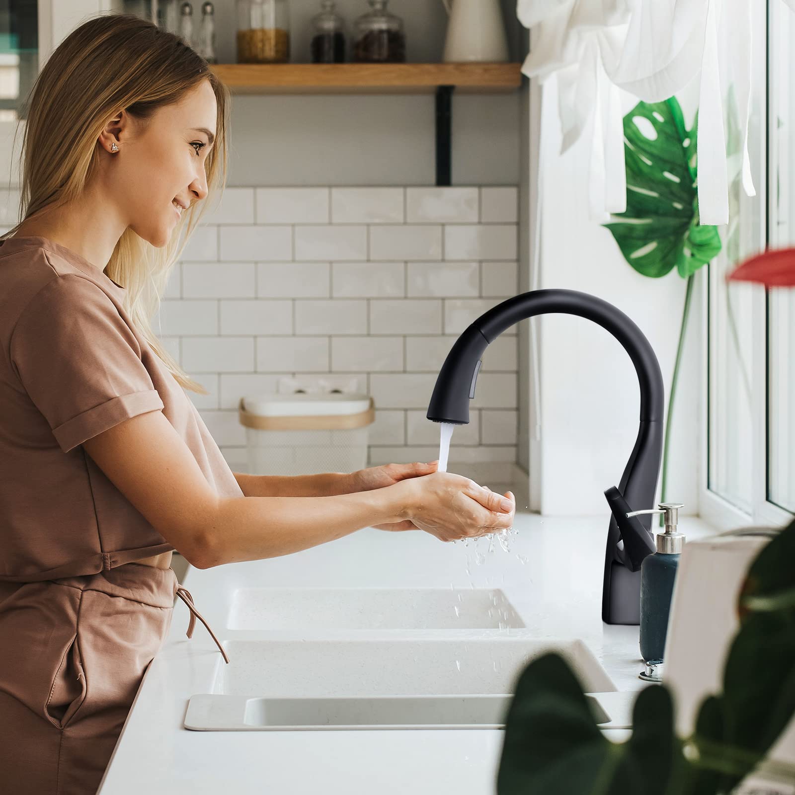 WOWOW Black Kitchen Faucet with Pull Down Sprayer - Single Handle Gooseneck Sink Faucet for 1 or 3 Hole Installation - Includes Soap Dispenser - Perfect for Farmhouse, RV, Camper, Laundry & Bar Sinks