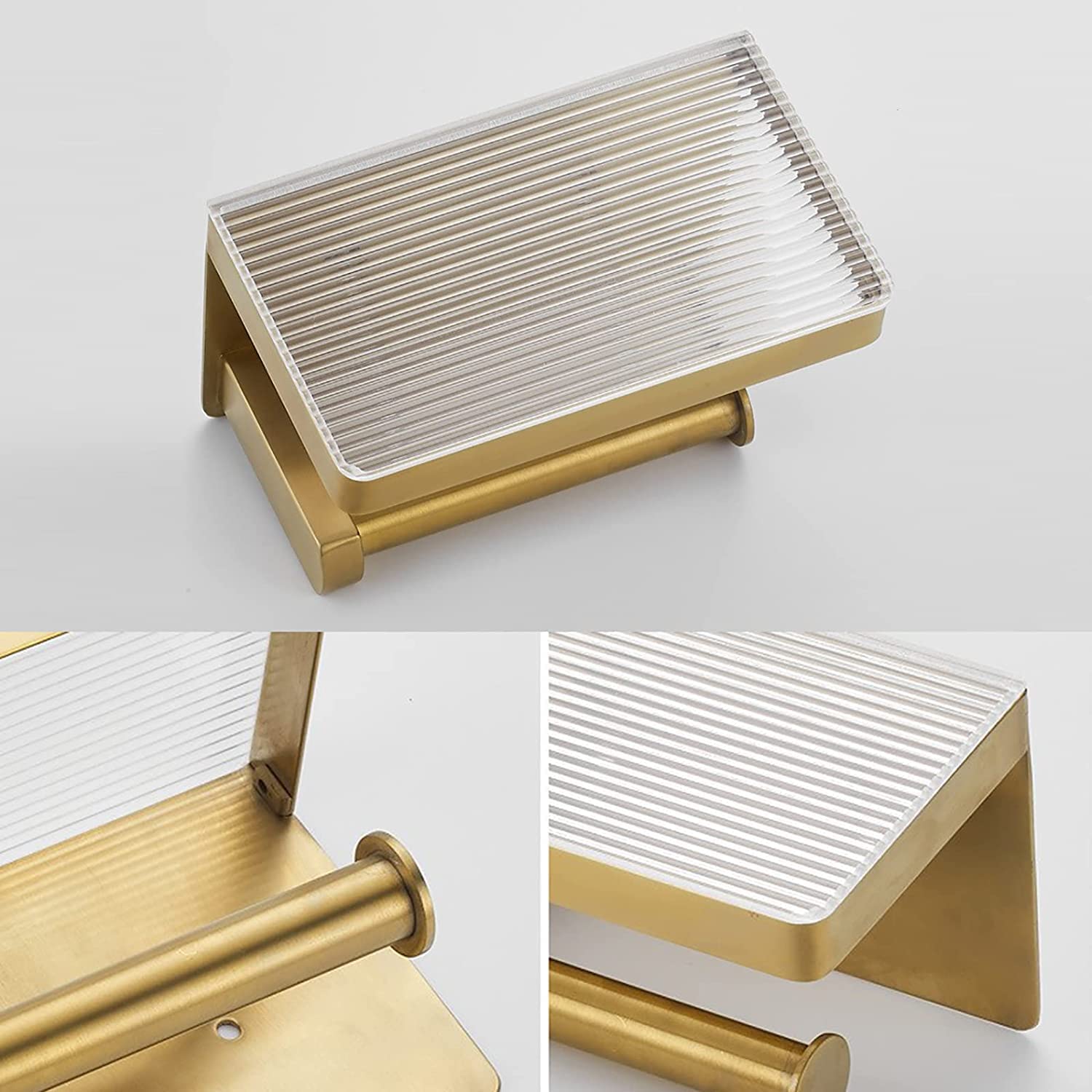 Stainless Steel & Acrylic Wall Mount Toilet Paper Holder with Shelf - Brushed Gold Bathroom Tissue Roll Holder & Towel Rack for Hotel, Kitchen & Home Use - Perfect for Bathroom Organization & Space Saving Storage