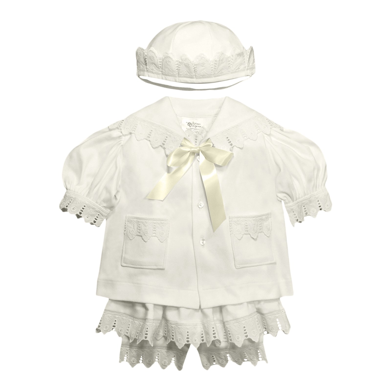 Victorian Organics Baby Girl Sailor Outfit Set - 4 Piece Organic Cotton Lace Jacket, Hat, Dress & Bloomers - Perfect for Christening, Photography & Special Occasions