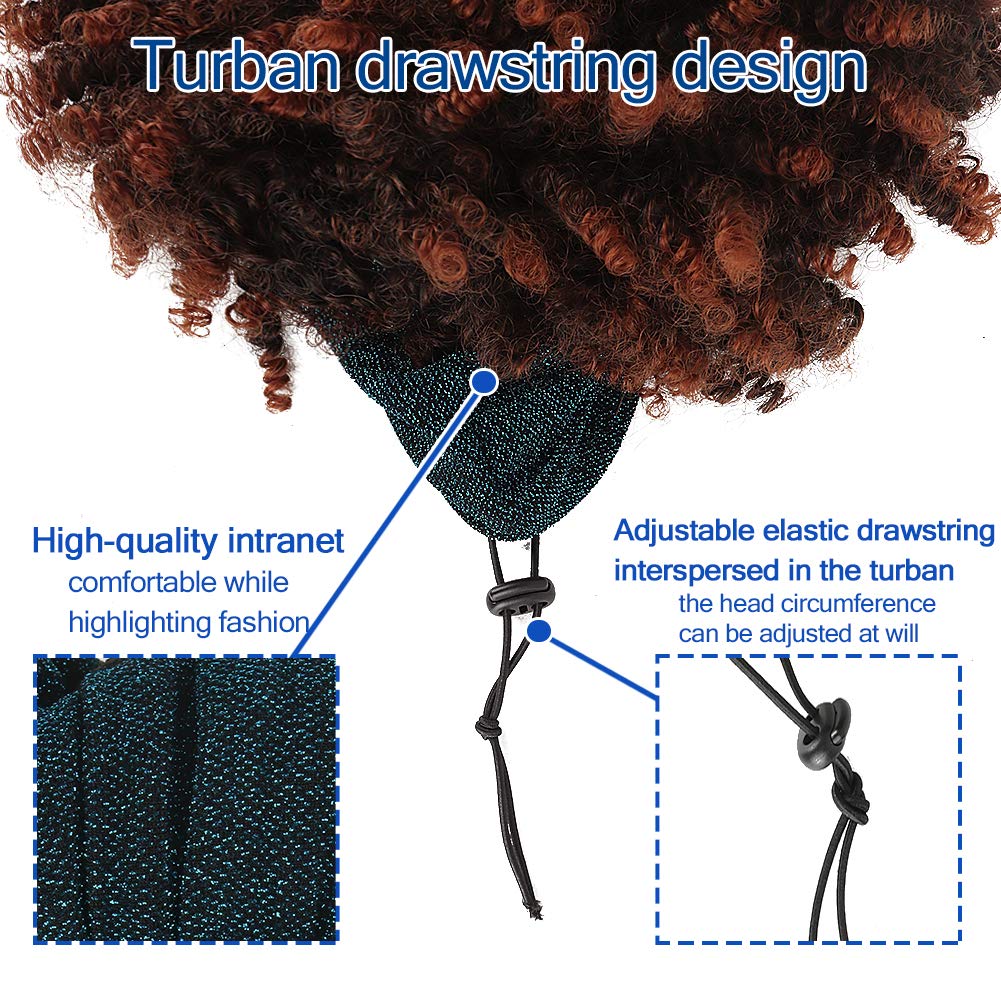 Asiaide Short Afro Kinky Curly Wigs for Black Women - Synthetic Headband Wig with Bangs & Attached Turban - Drawstring High Puff Brown Curly Wig for Everyday Wear, Cosplay & Special Occasions