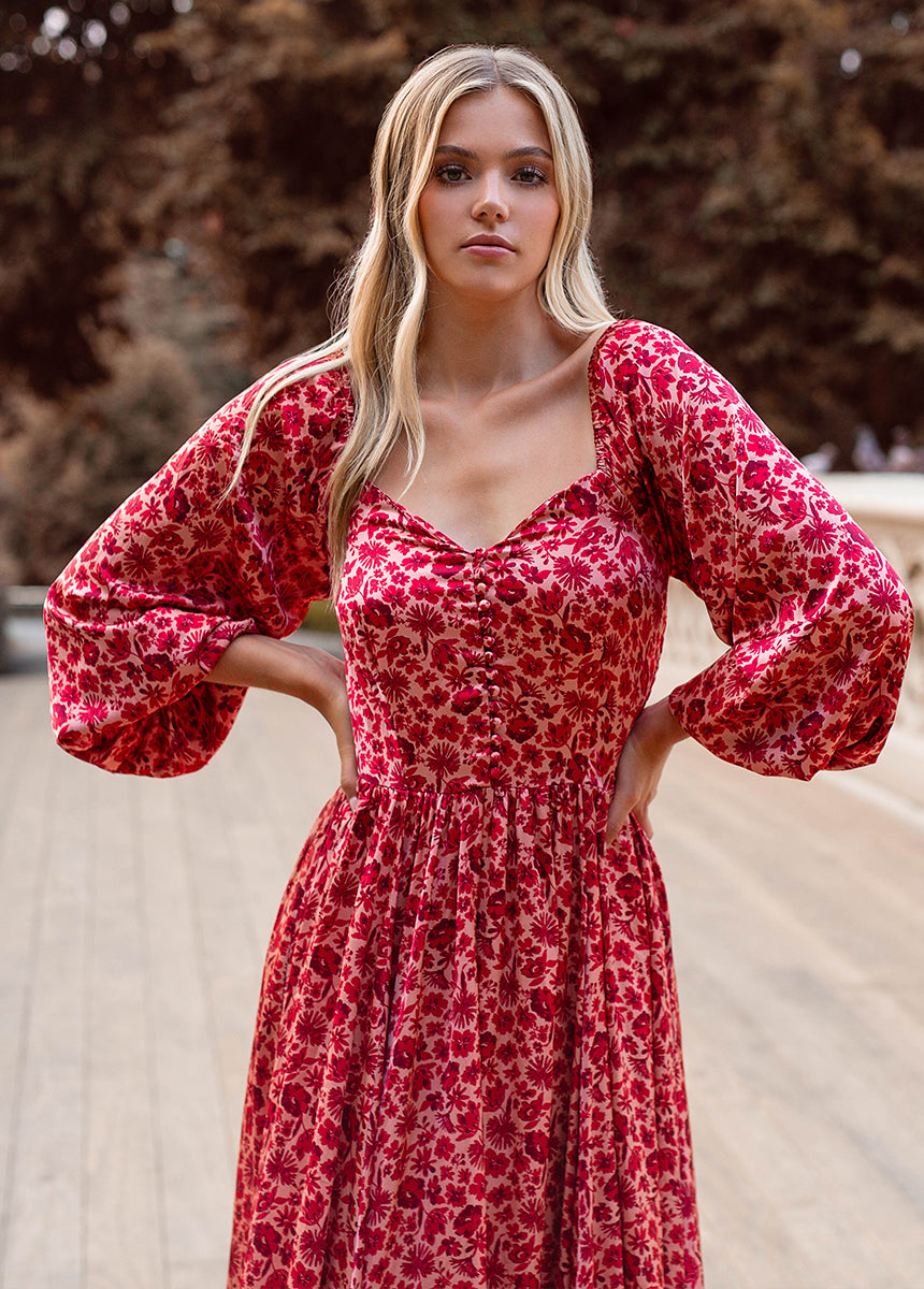Lorna Impact Dress - Red Floral Print Women's Casual Summer Dress | Perfect for Beach Vacations, Date Nights & Outdoor Parties