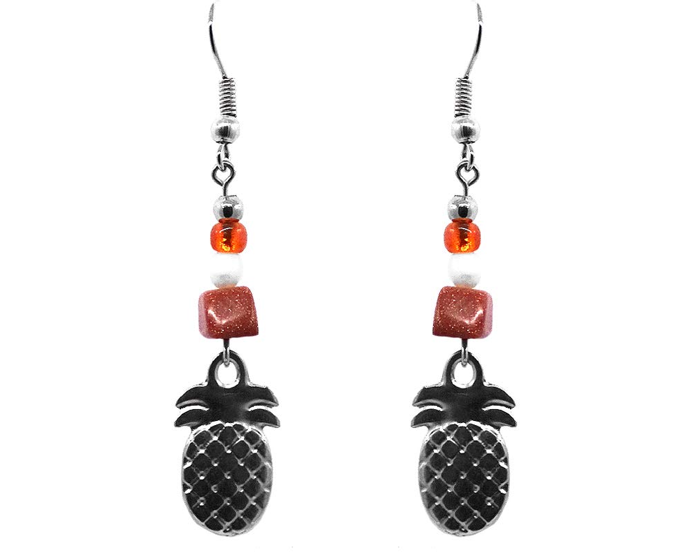 Silver Metal Pineapple Charm Chip Stone Drop Dangle Earrings for Women - Handmade Boho Jewelry, Tropical Fashion Accessories | Perfect for Summer Parties, Beach Vacations & Boho Style Outfits